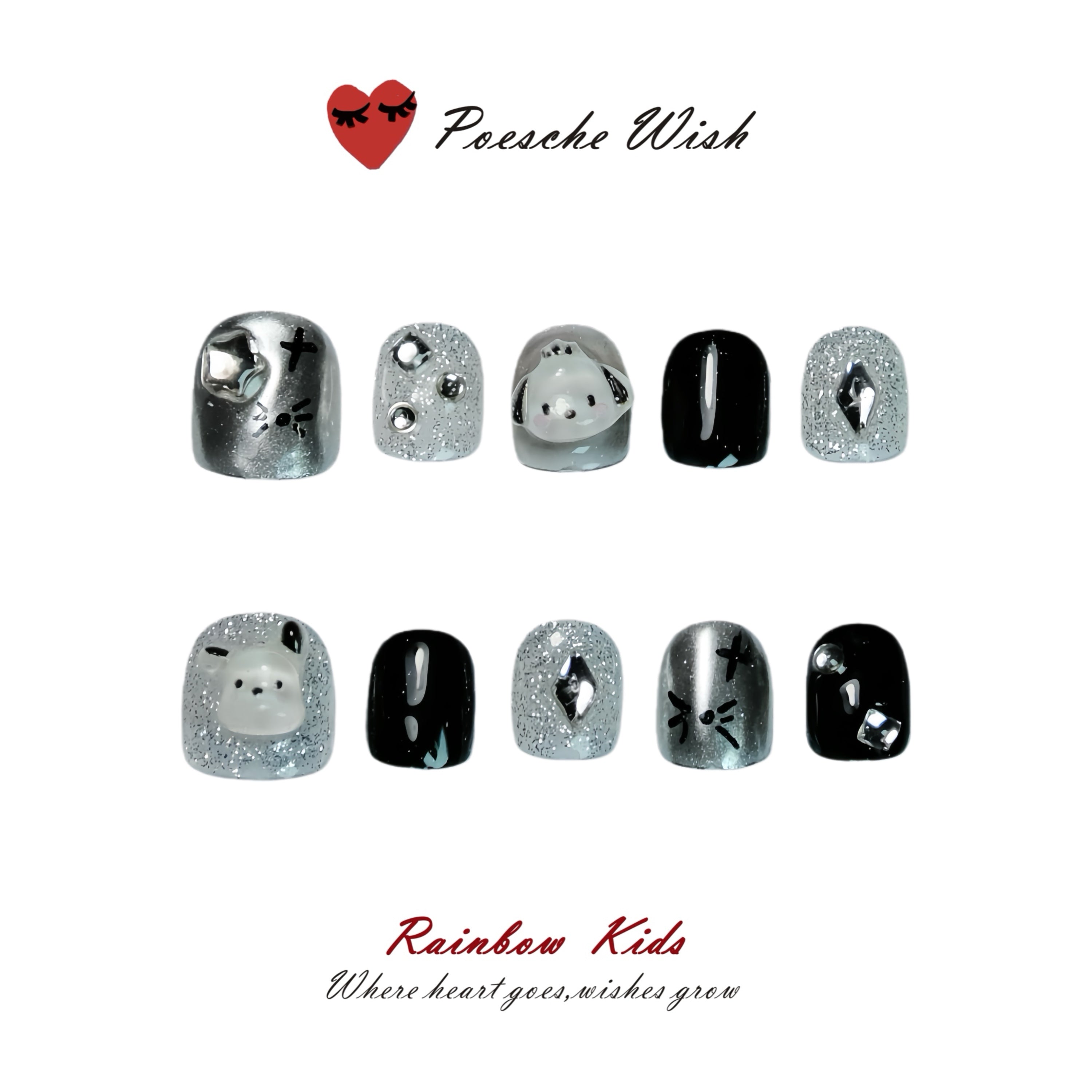Silver Cyber: Pochacco & Metallic Grunge Kids Nails