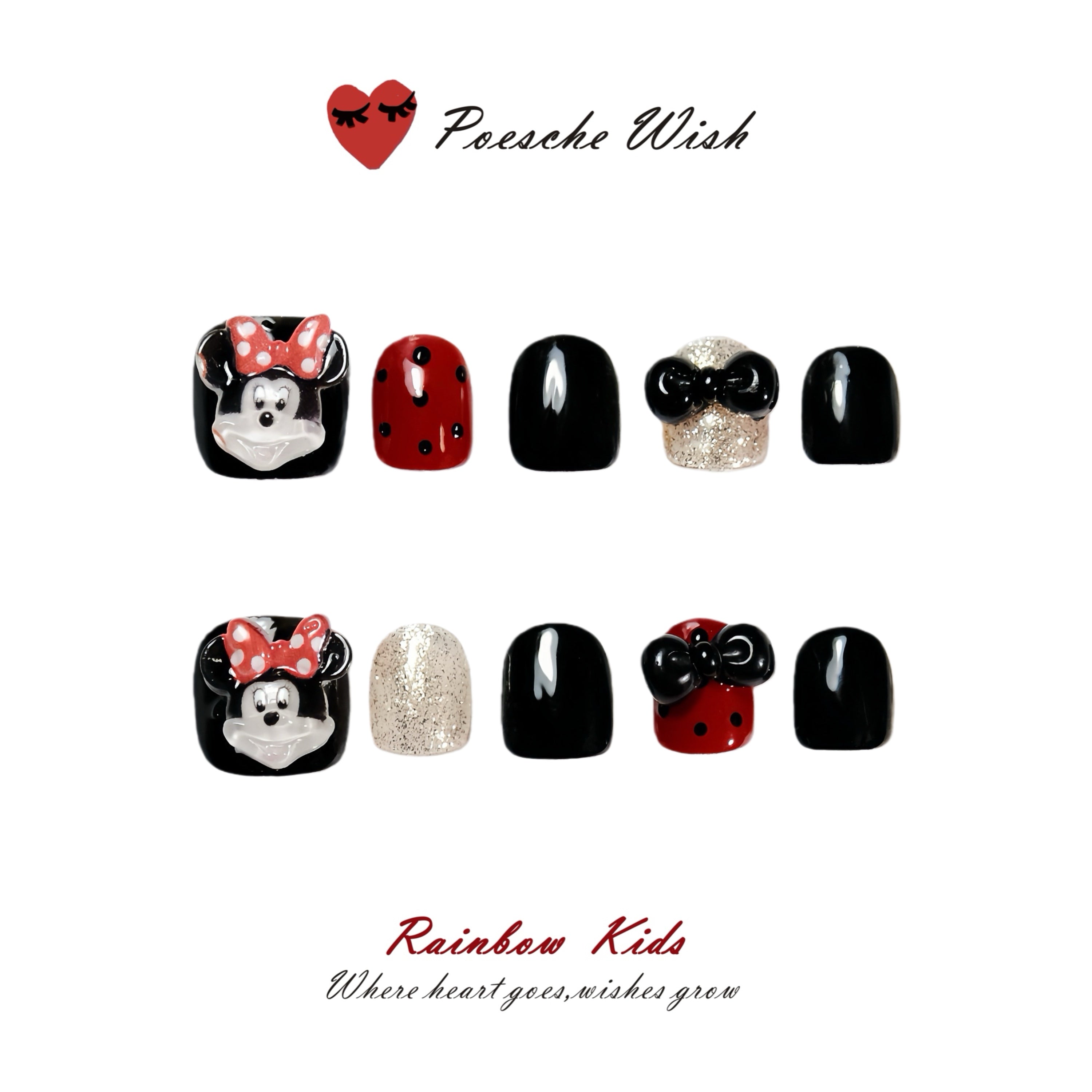 Classic Minnie: Red Polka Dot & Glitter Bow Kids Nails