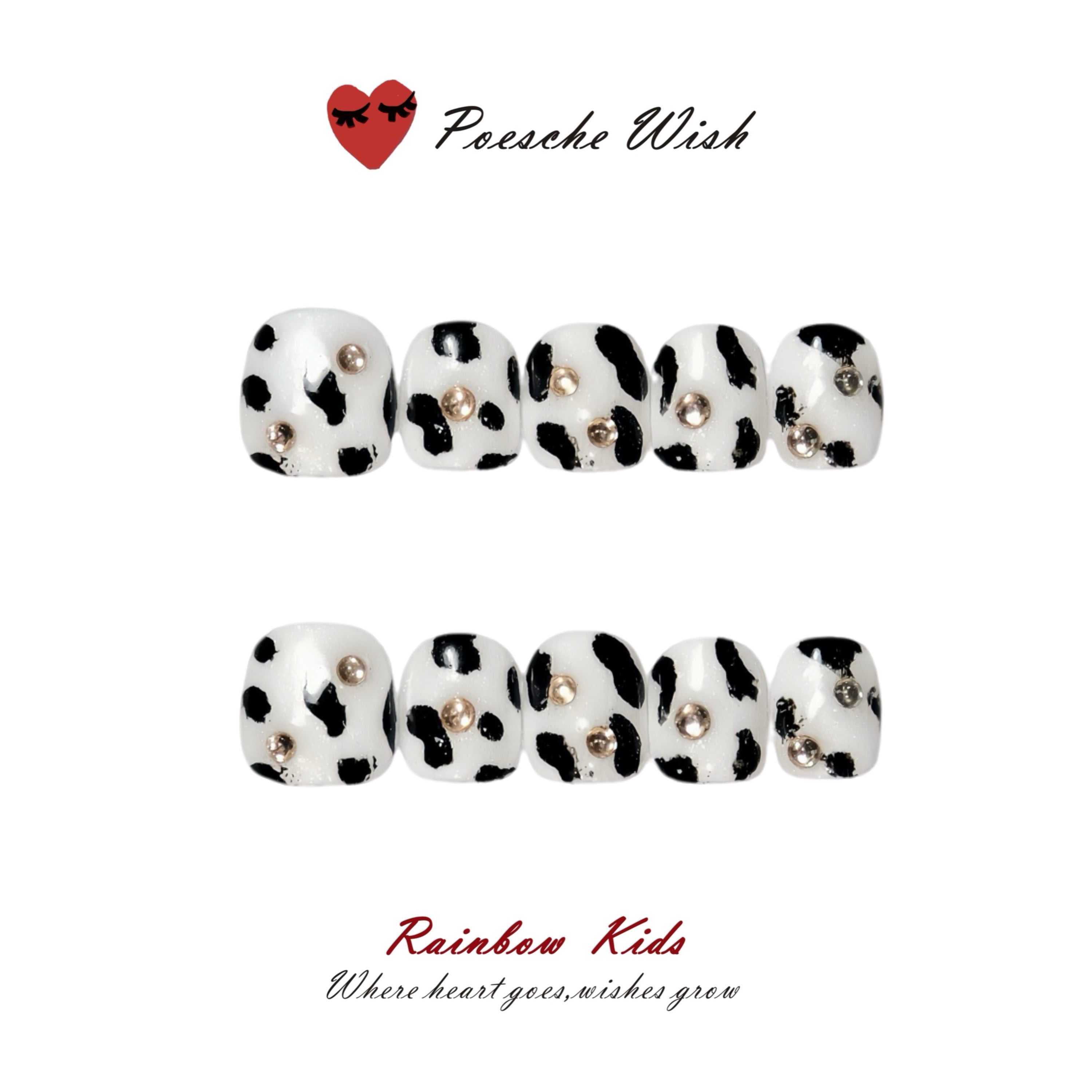 Urban Grazing: Monochrome Cow Print & Studded Kids Nails