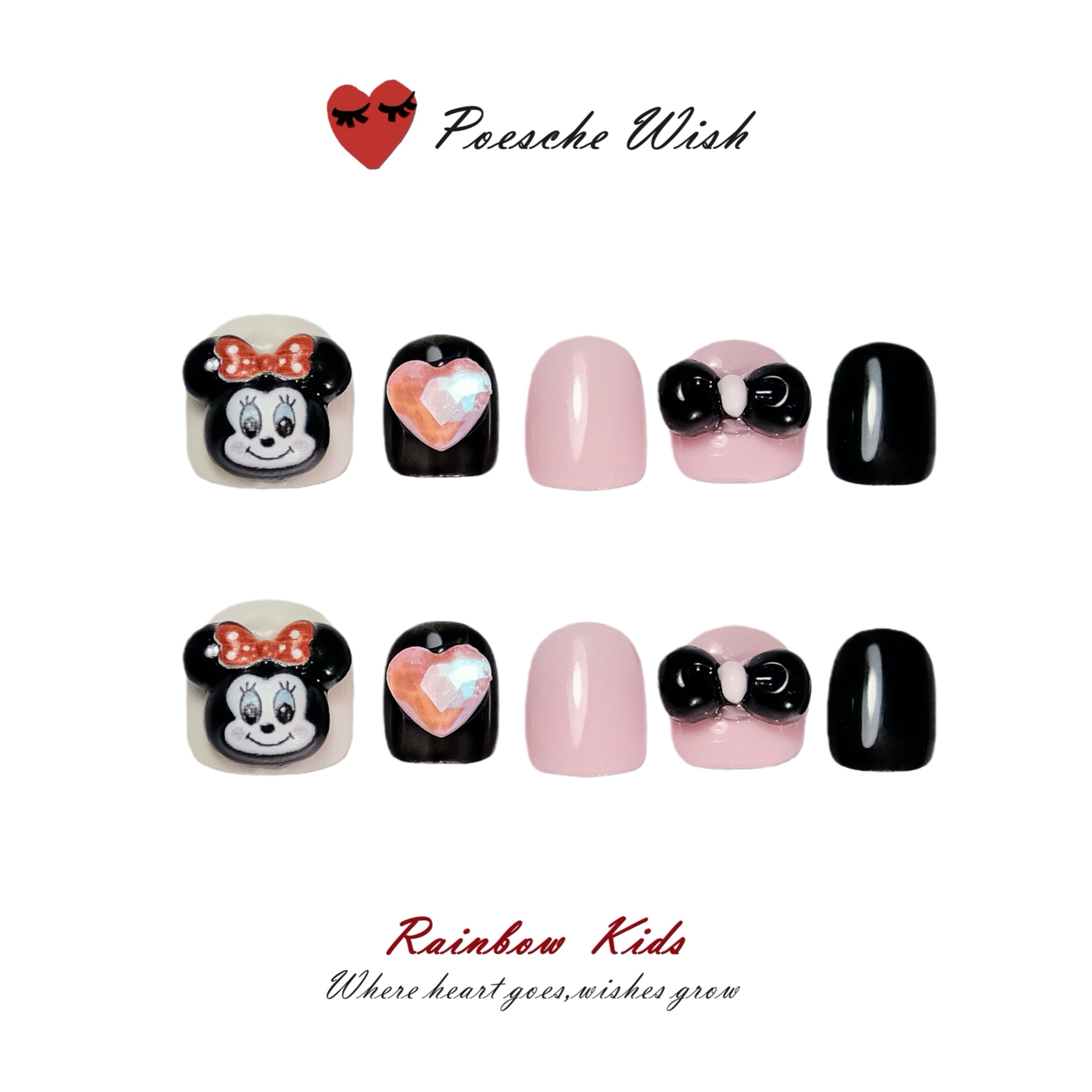 Minnie Chic: Pink Heart & Black Ribbon Kids Nails