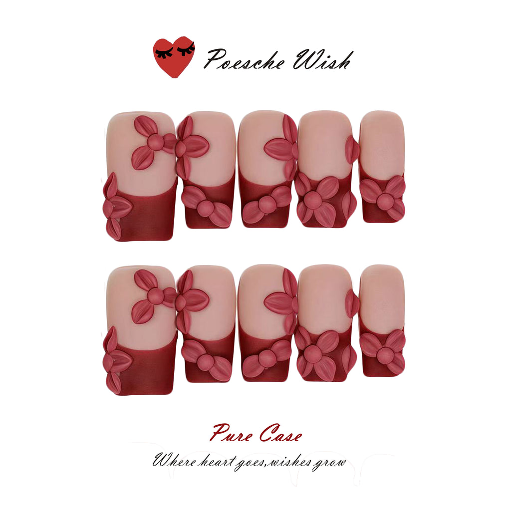 Velvet Bloom: Matte Crimson French & 3D Floral Nails