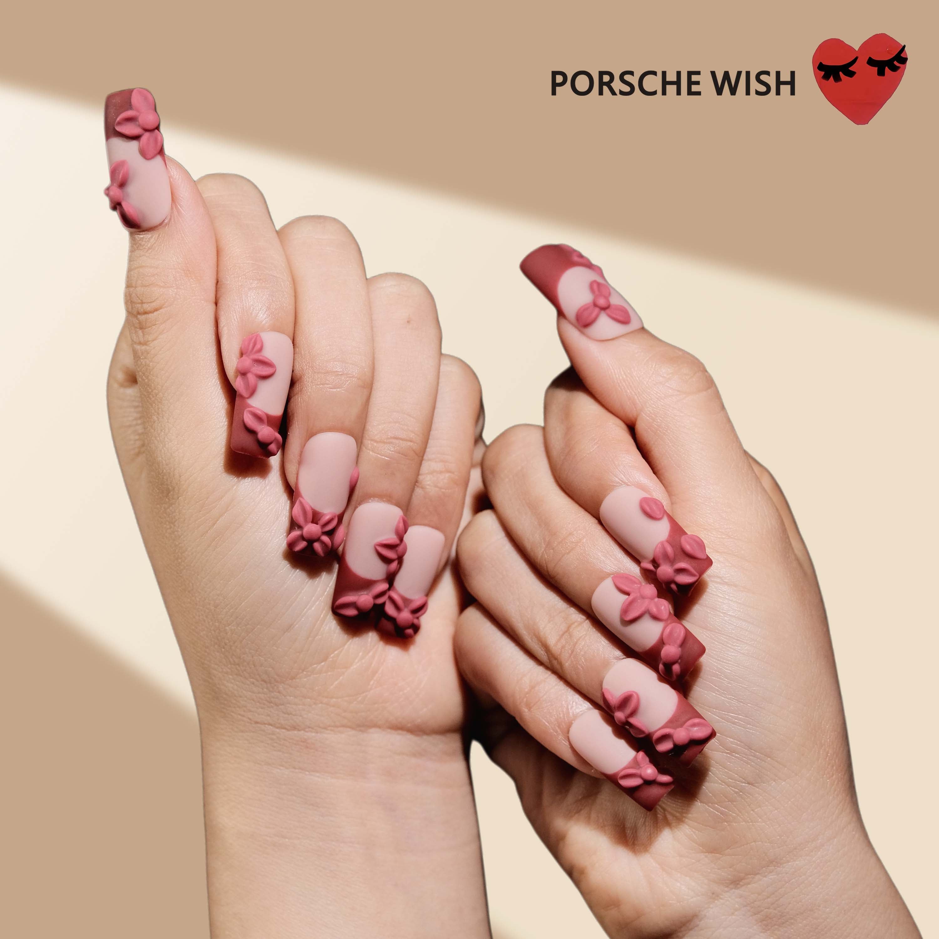 Velvet Bloom: Matte Crimson French & 3D Floral Nails