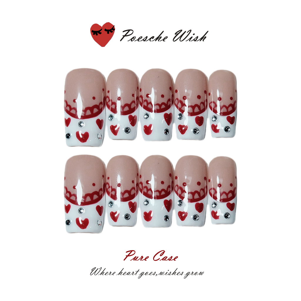 Romantic Lace: Red Heart & Crystal Hand-Painted Nails
