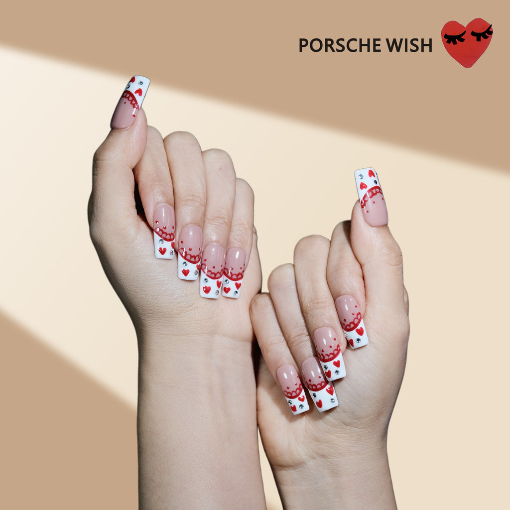Romantic Lace: Red Heart & Crystal Hand-Painted Nails