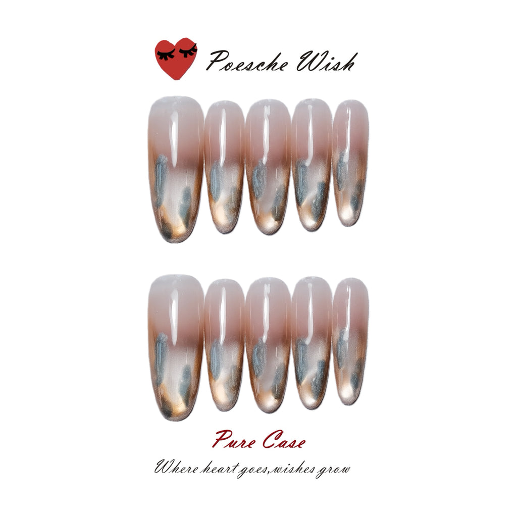 Amber Nebula: Caramel Marble & Silver Cat-Eye Nails