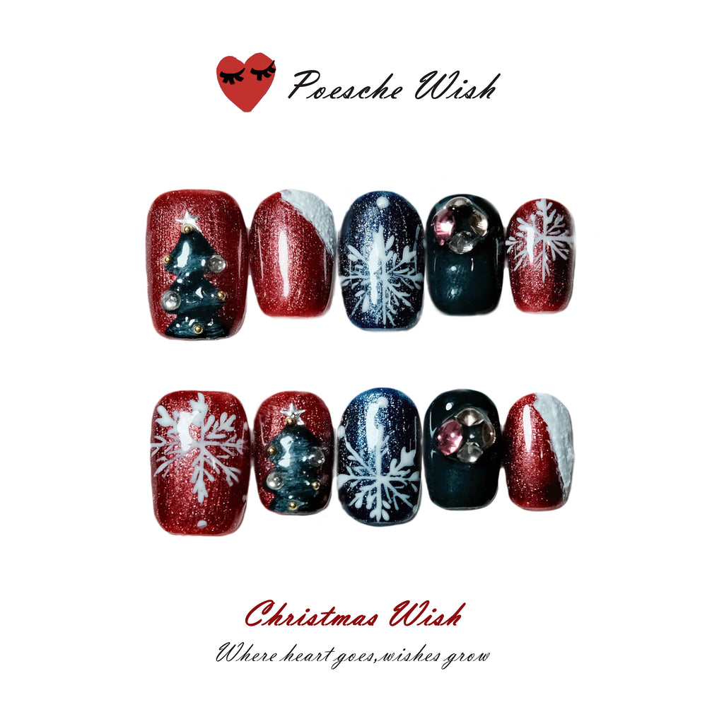 Christmas Wish: Snowy Midnight Crimson & Navy 3D Snowflake Nails