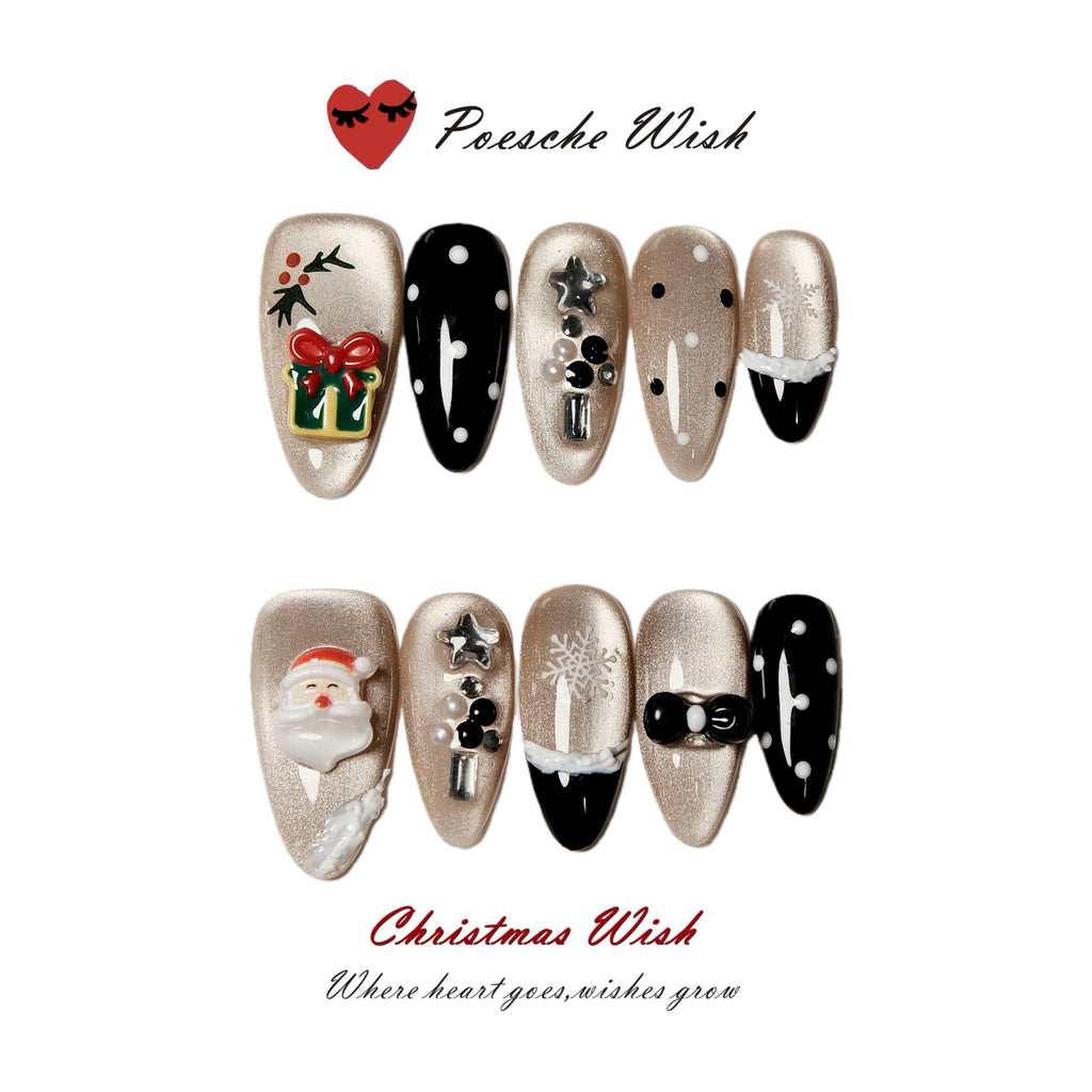 Christmas Wish: Midnight Gala Gold Cat-Eye & 3D Gift Box Nails