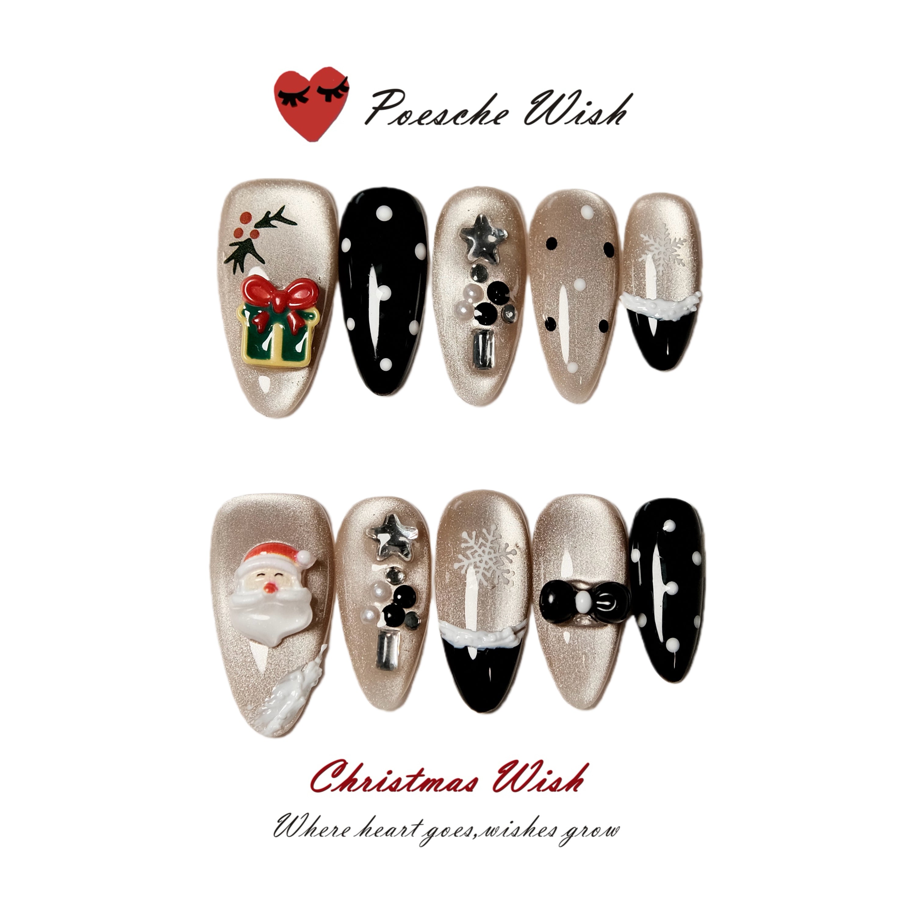 Christmas Wish: Midnight Gala Gold Cat-Eye & 3D Gift Box Nails