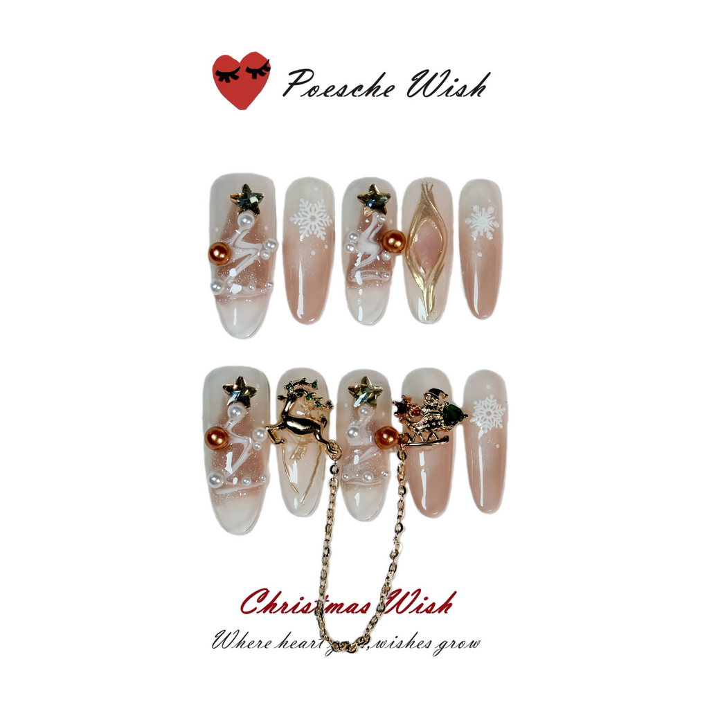 Christmas Wish: Golden Starlight Ombré Reindeer Sleigh Jewelry Nails