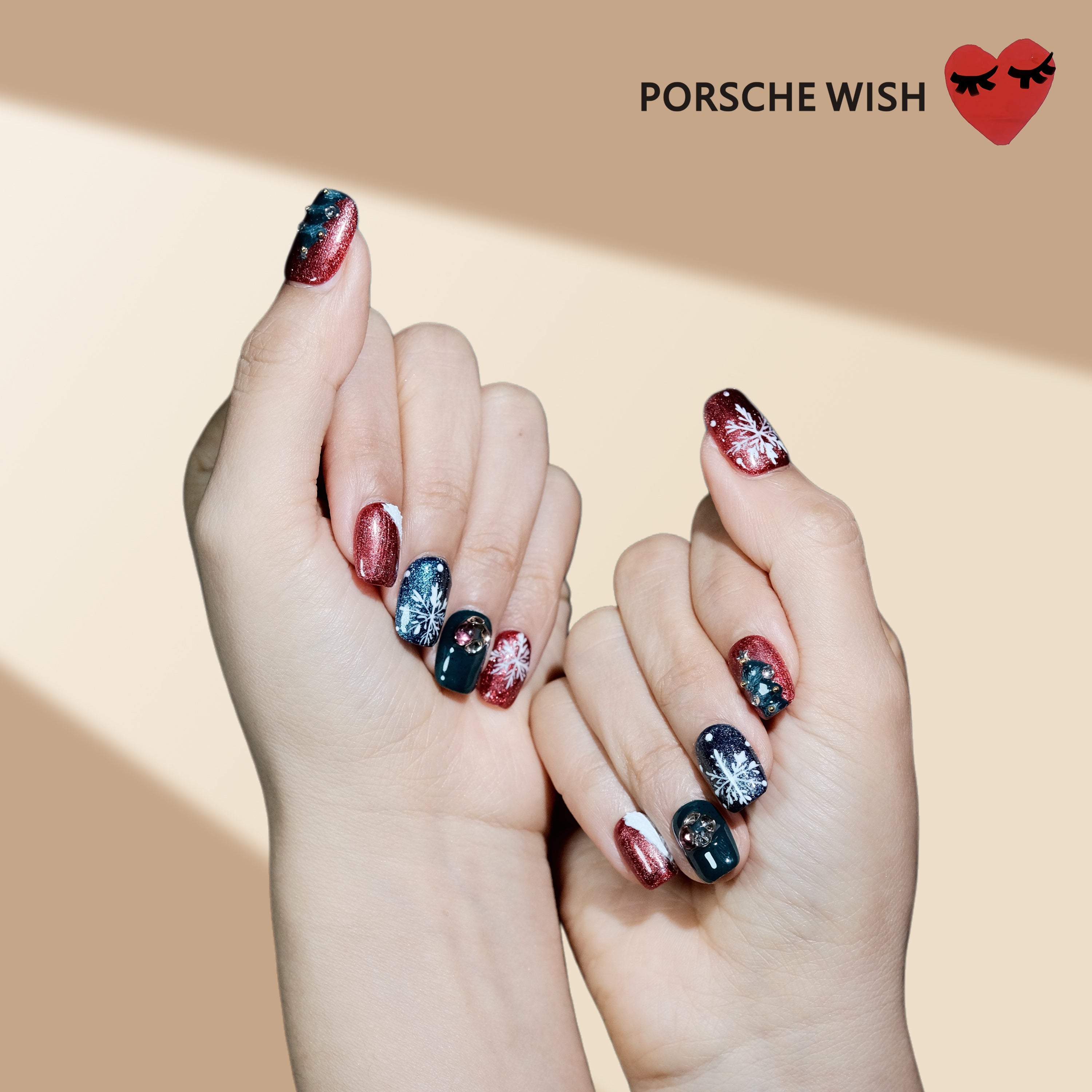 Christmas Wish: Snowy Midnight Crimson & Navy 3D Snowflake Nails
