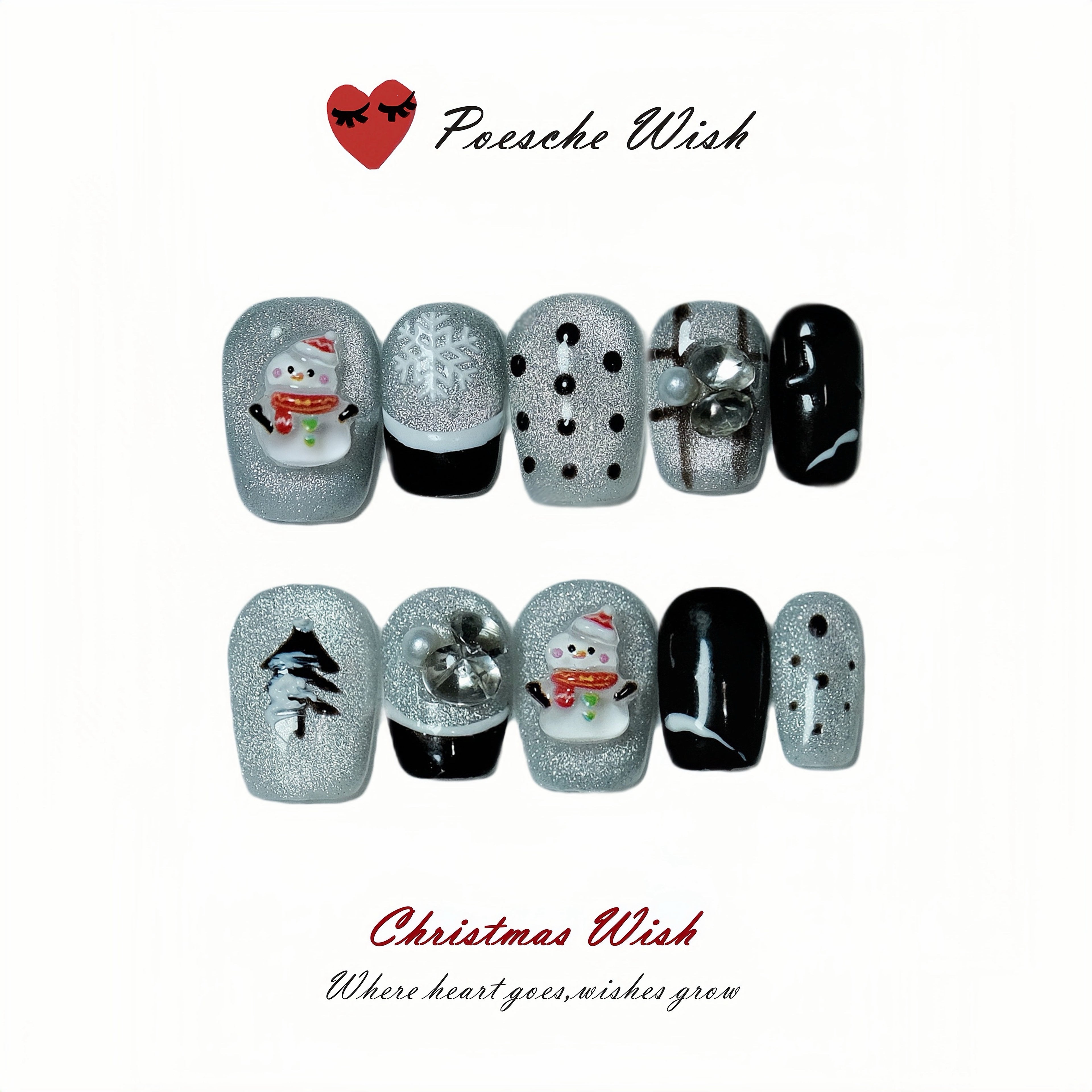 Christmas Wish: Frosty Obsidian & Silver 3D Snowman Plaid Nails