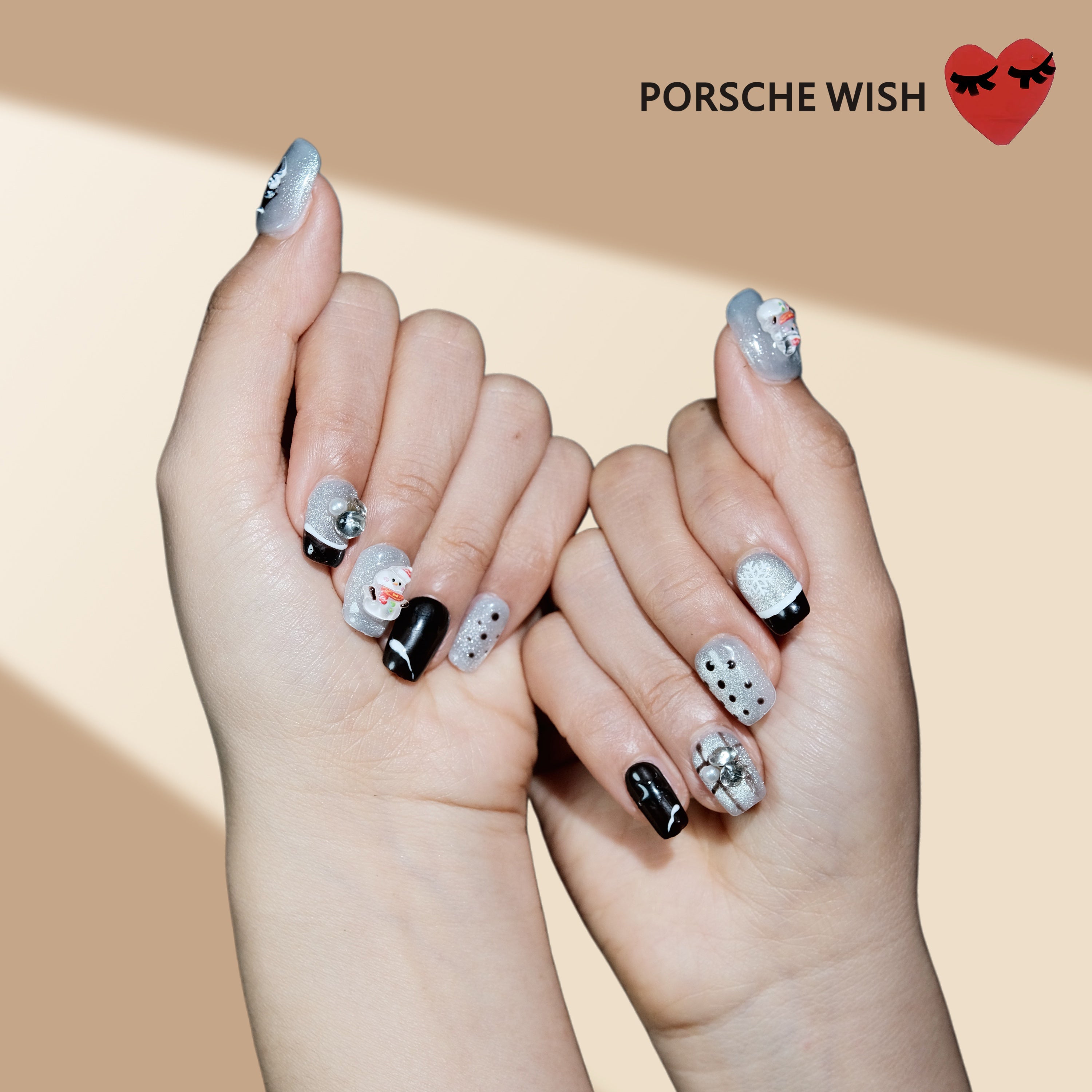Christmas Wish: Frosty Obsidian & Silver 3D Snowman Plaid Nails
