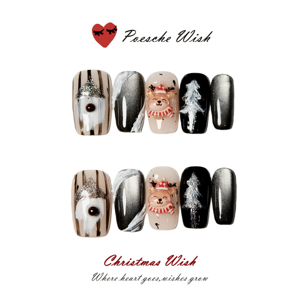 Christmas Wish: Nordic Winter Cream & Charcoal 3D Reindeer Nails