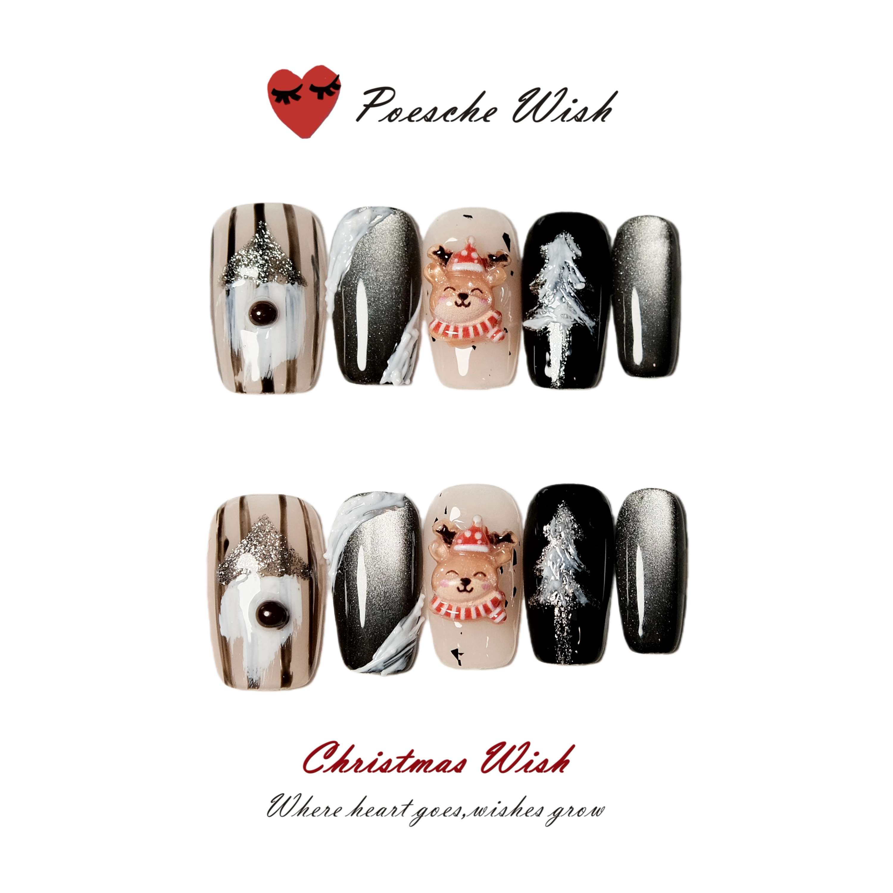 Christmas Wish: Nordic Winter Cream & Charcoal 3D Reindeer Nails
