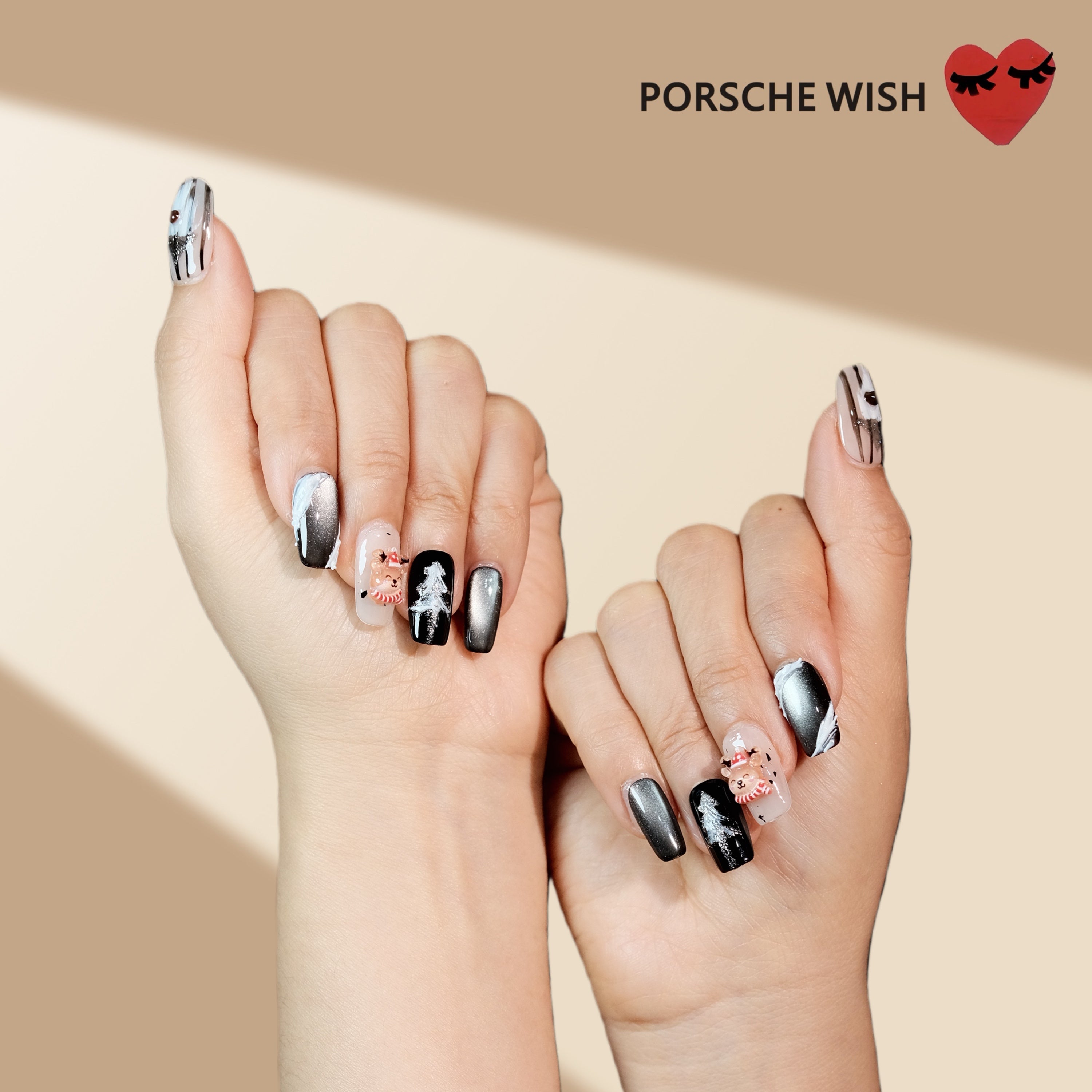Christmas Wish: Nordic Winter Cream & Charcoal 3D Reindeer Nails