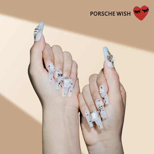Christmas Wish: Frozen Palace Translucent White & Ice-Cube Gem Nails