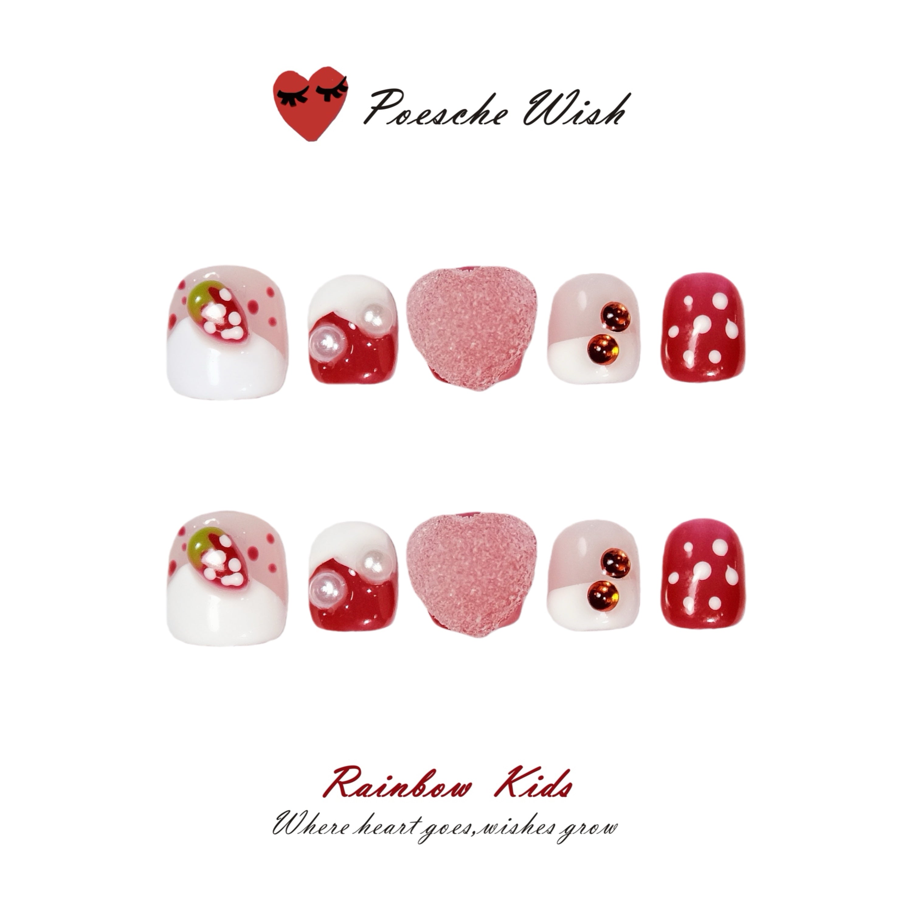 Strawberry Sorbet: Luxury Handcrafted 3D Heart & Berry Nails for Children