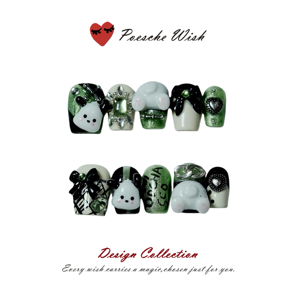Green Garden Pochacco: Sweet & Playful Character Press-On Nails