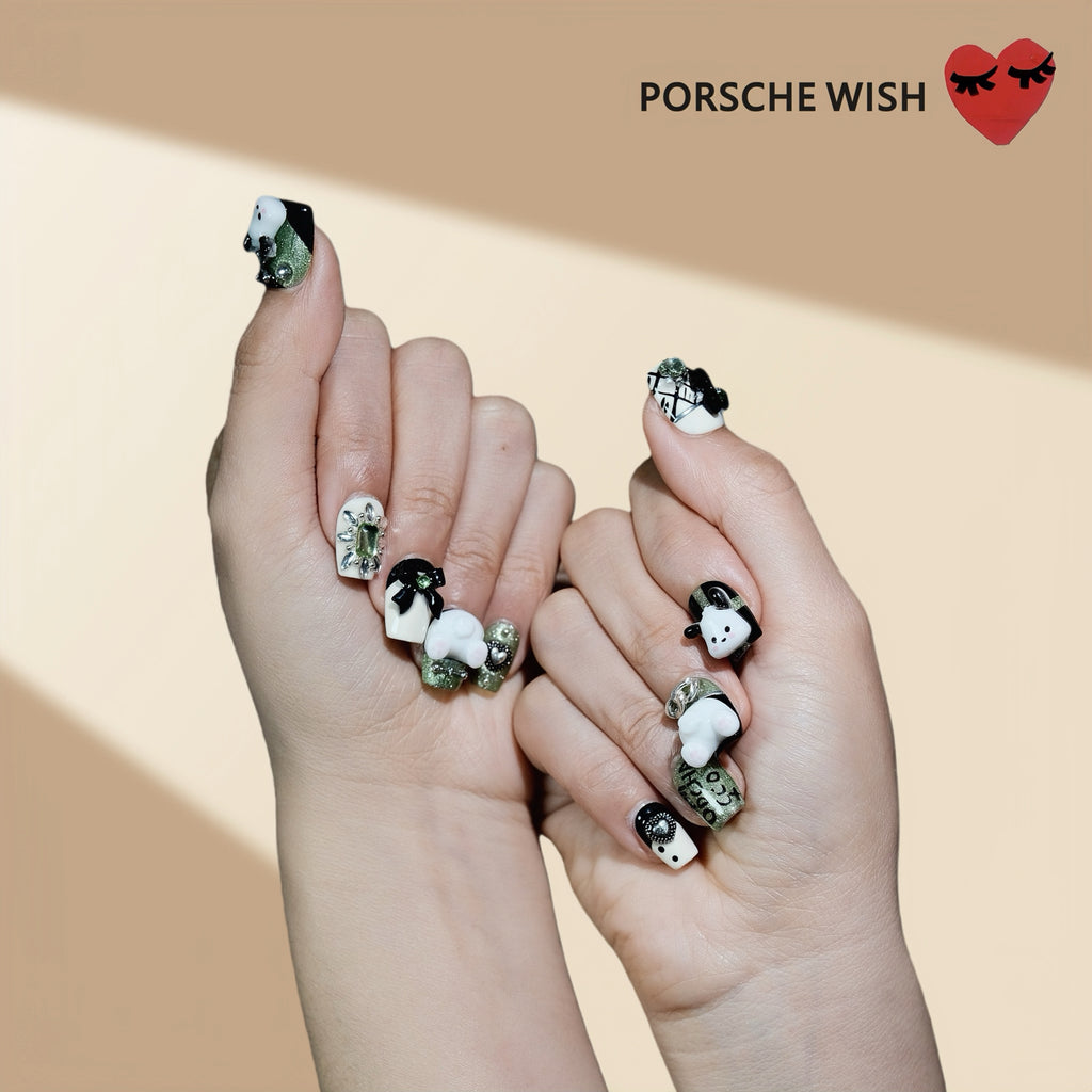Green Garden Pochacco: Sweet & Playful Character Press-On Nails