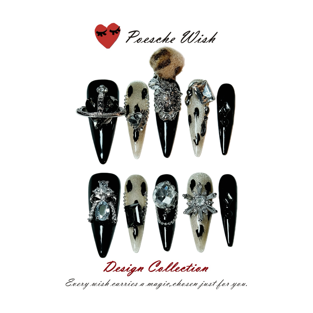 Midnight Leopard Queen: Black & Gold Stiletto Press-On Nails