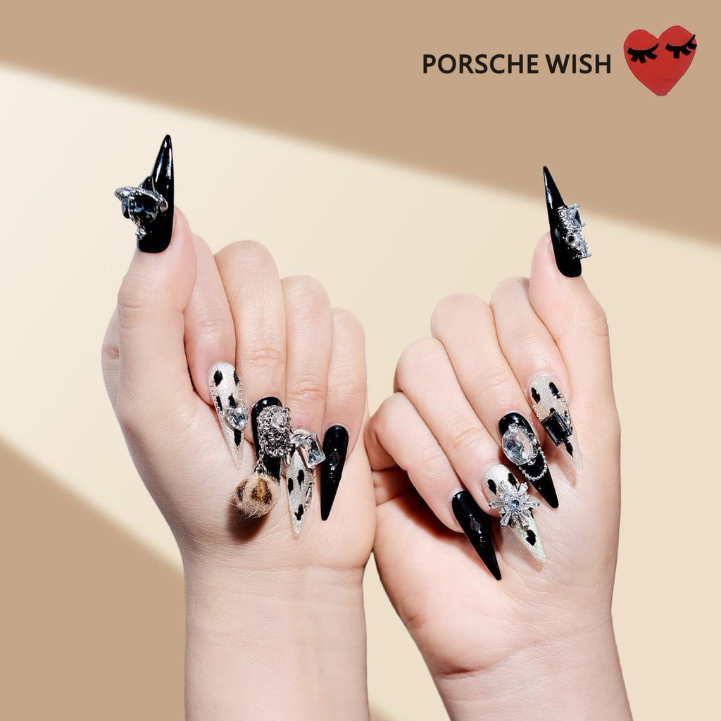 Midnight Leopard Queen: Black & Gold Stiletto Press-On Nails