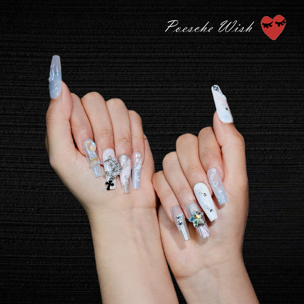 Celestial Jellyfish: Pastel Gradient & Silver Moon Press-On Nails