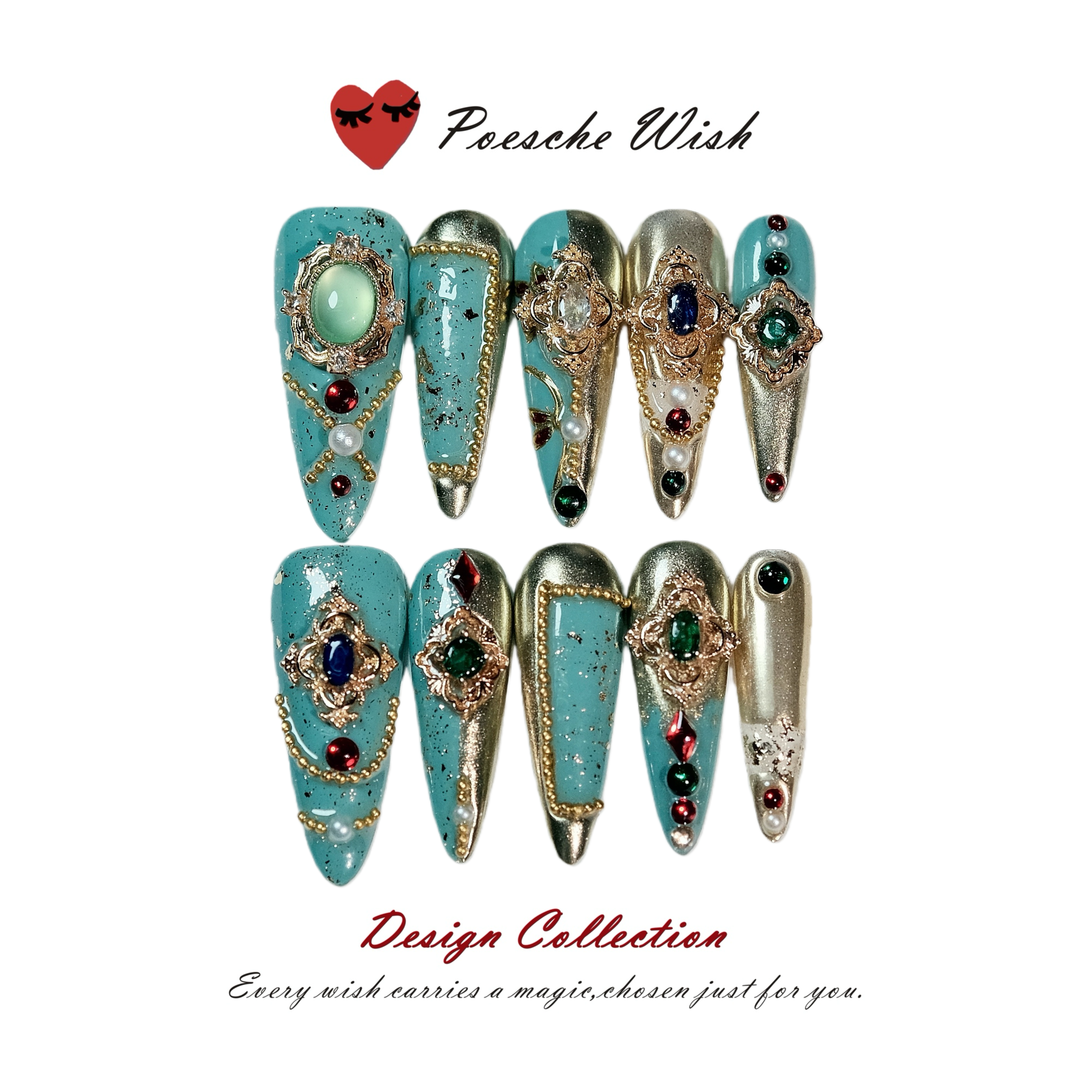 Vintage Royal Emerald: Exotic Jewel Stiletto Press-On Nails