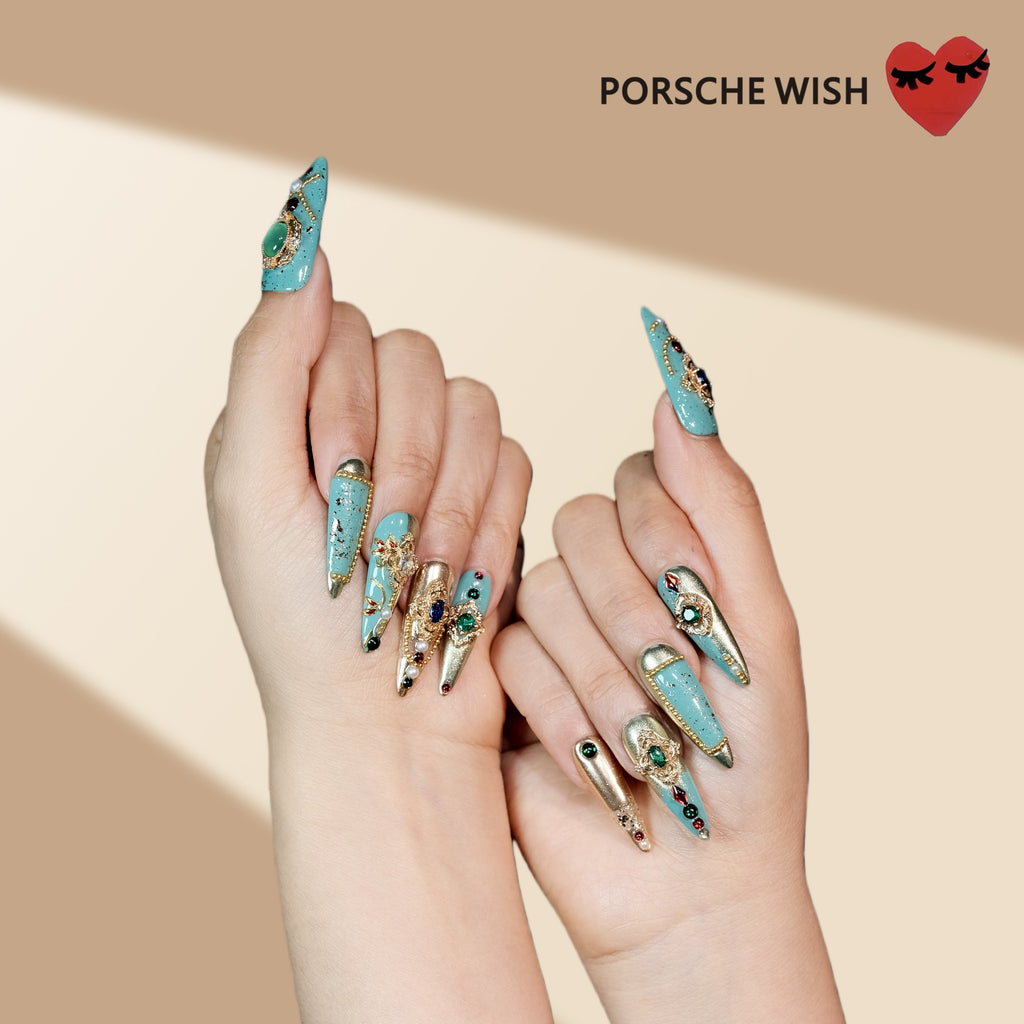 Vintage Royal Emerald: Exotic Jewel Stiletto Press-On Nails