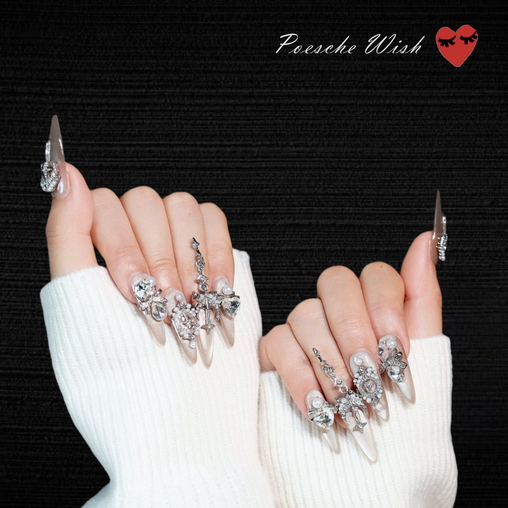 White Velvet Blossom: Flocked 3D Floral & Pearl Press-On Nails