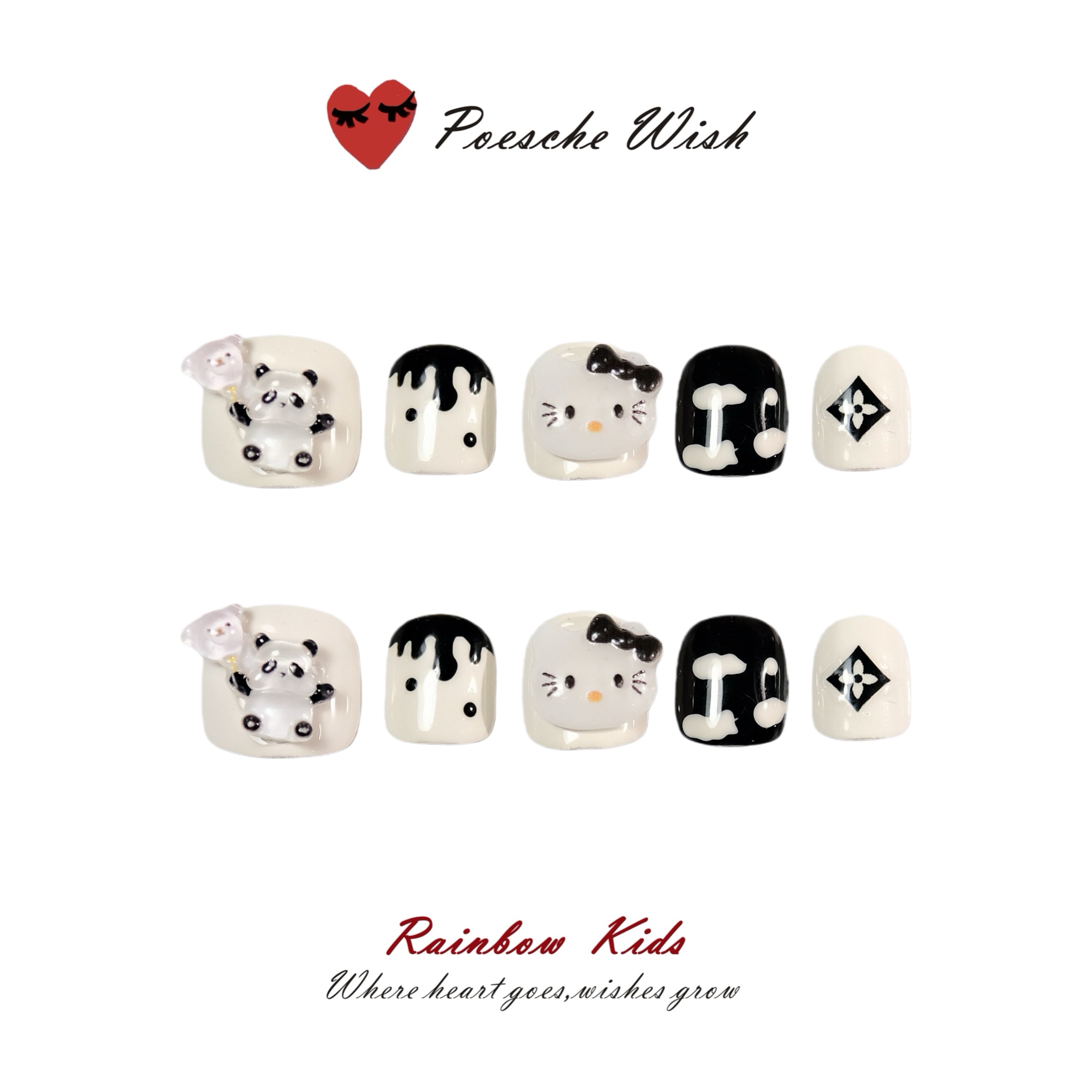 Panda & Friends: Luxury Hand-Sculptured 3D Monochrome Art Nails for Kids