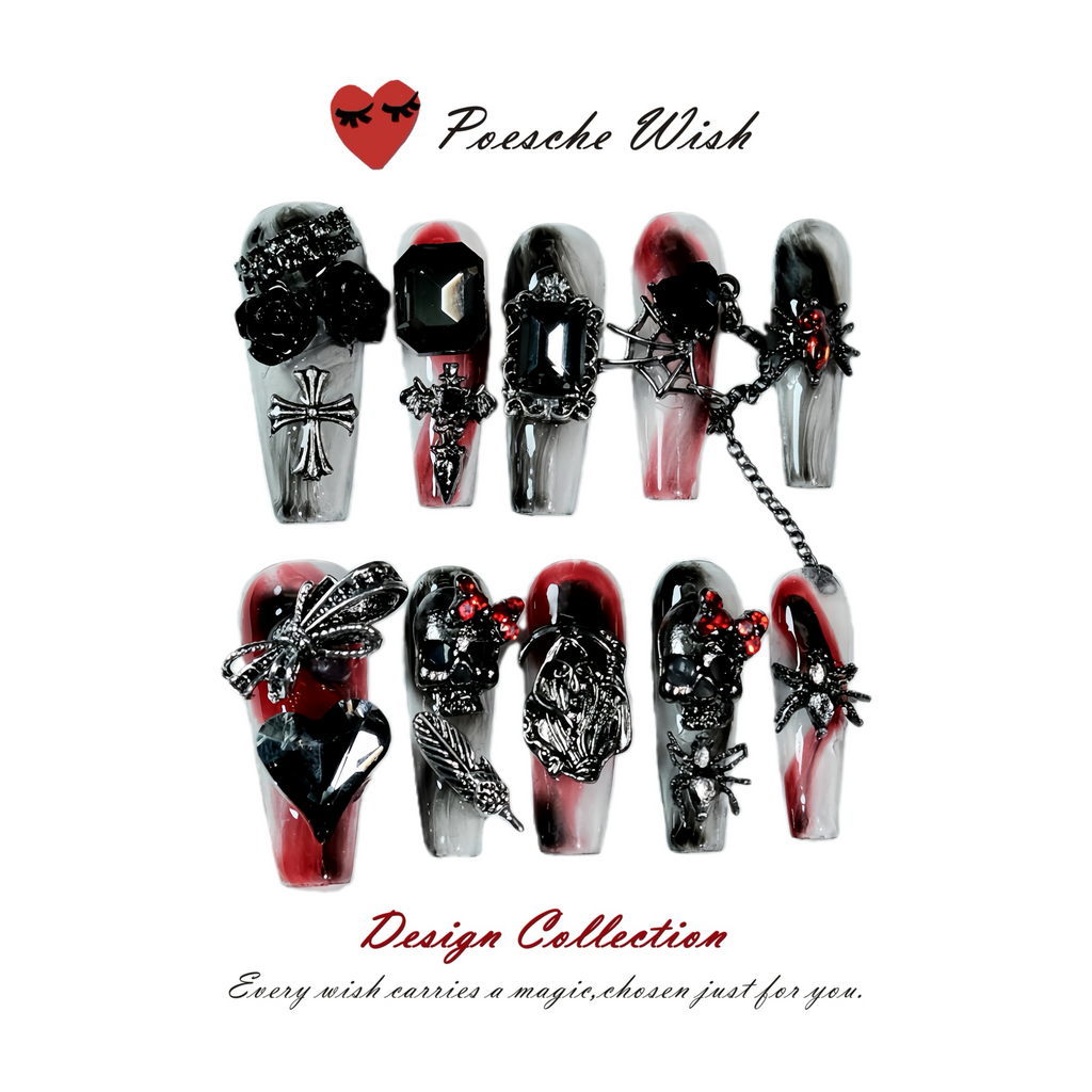 Crimson Shadow Noir: Gothic Skull & Chain Stiletto Nails