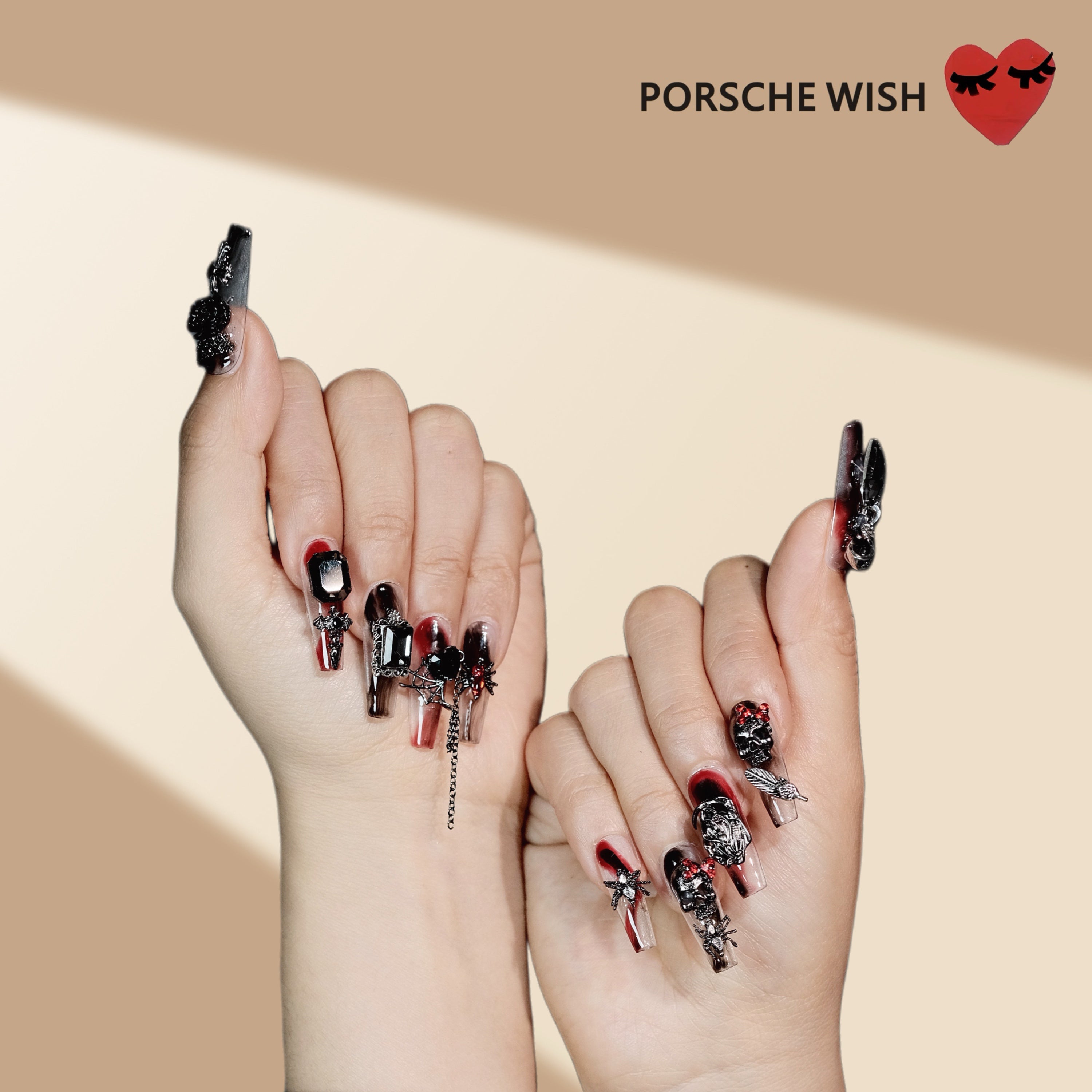 Crimson Shadow Noir: Gothic Skull & Chain Stiletto Nails