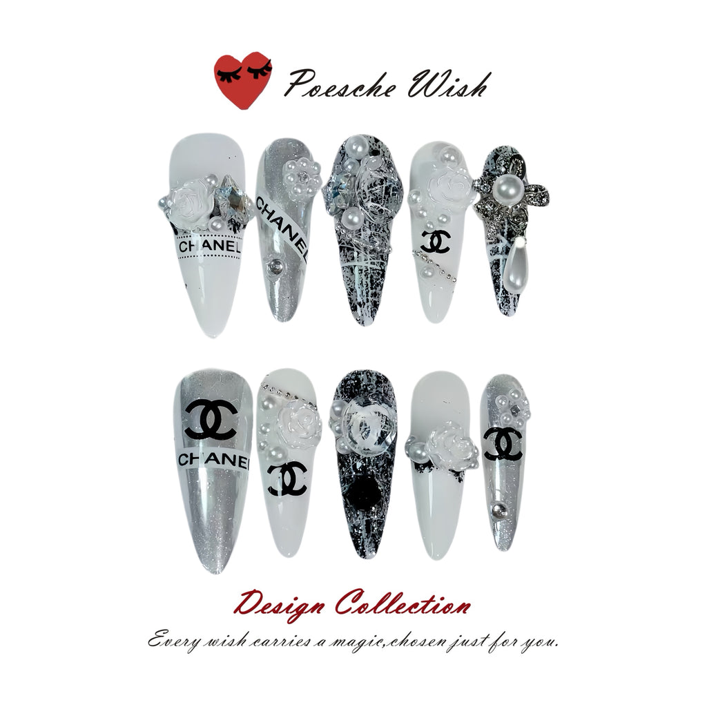 The Noir Tweed Camellia: Luxury Monogram & Pearl Press-On Nails