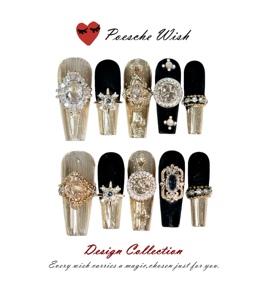 Imperial Onyx & Gold: Baroque Crystal Press-On Nails