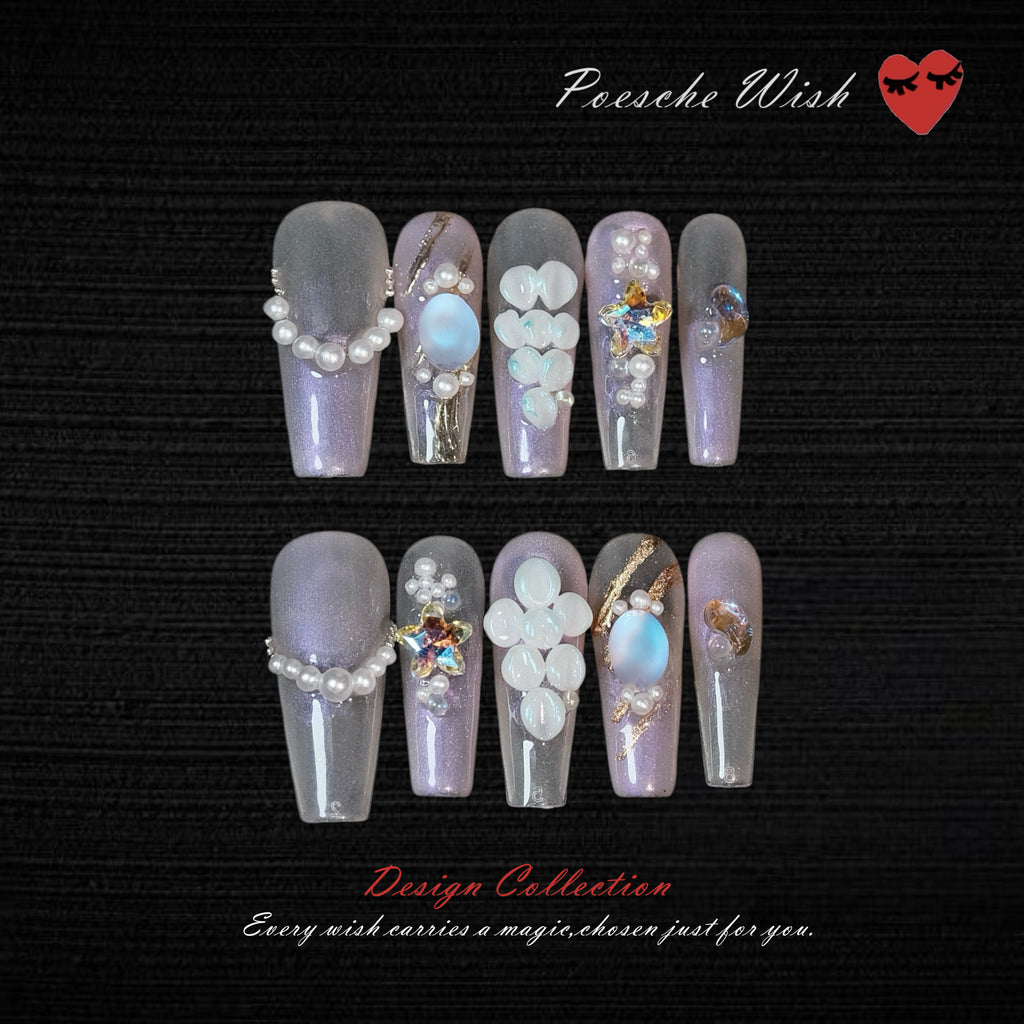 Ocean Galaxy Pearls: Iridescent Mermaid Long Press-On Nails