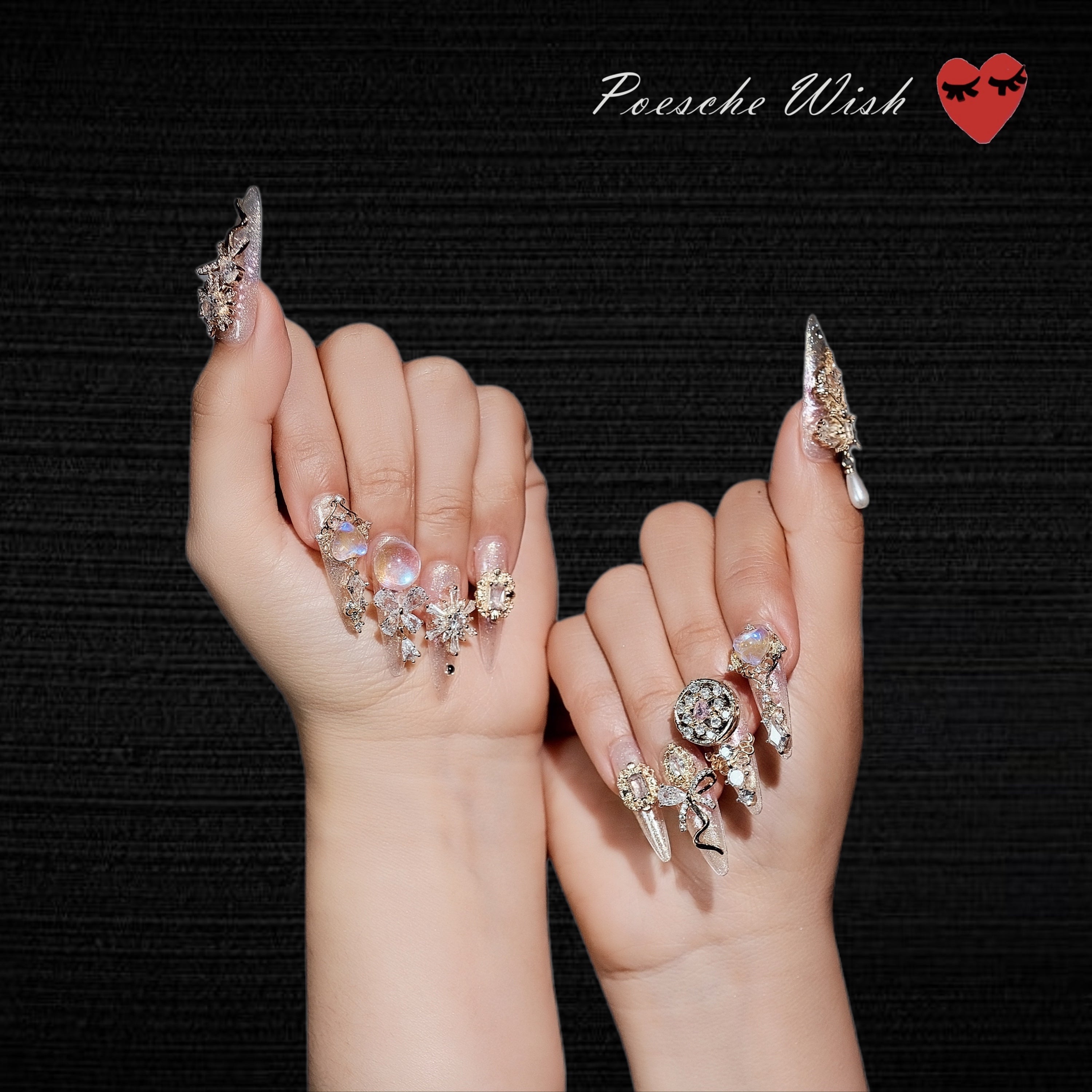 Celestial Symphony: Aurora Crystal & Ribbon Nails