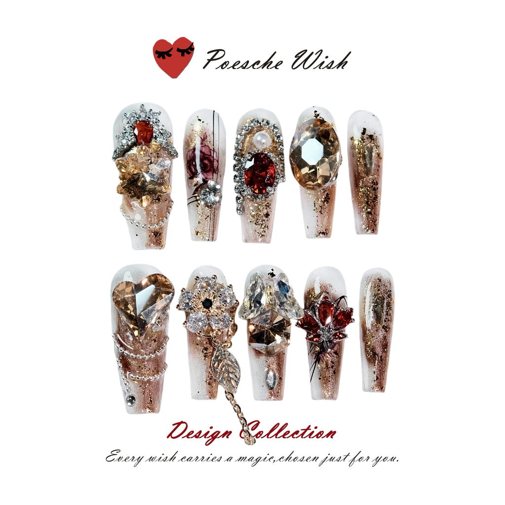 Crimson Aura Palace: Enamel Heart & Jewel Nails