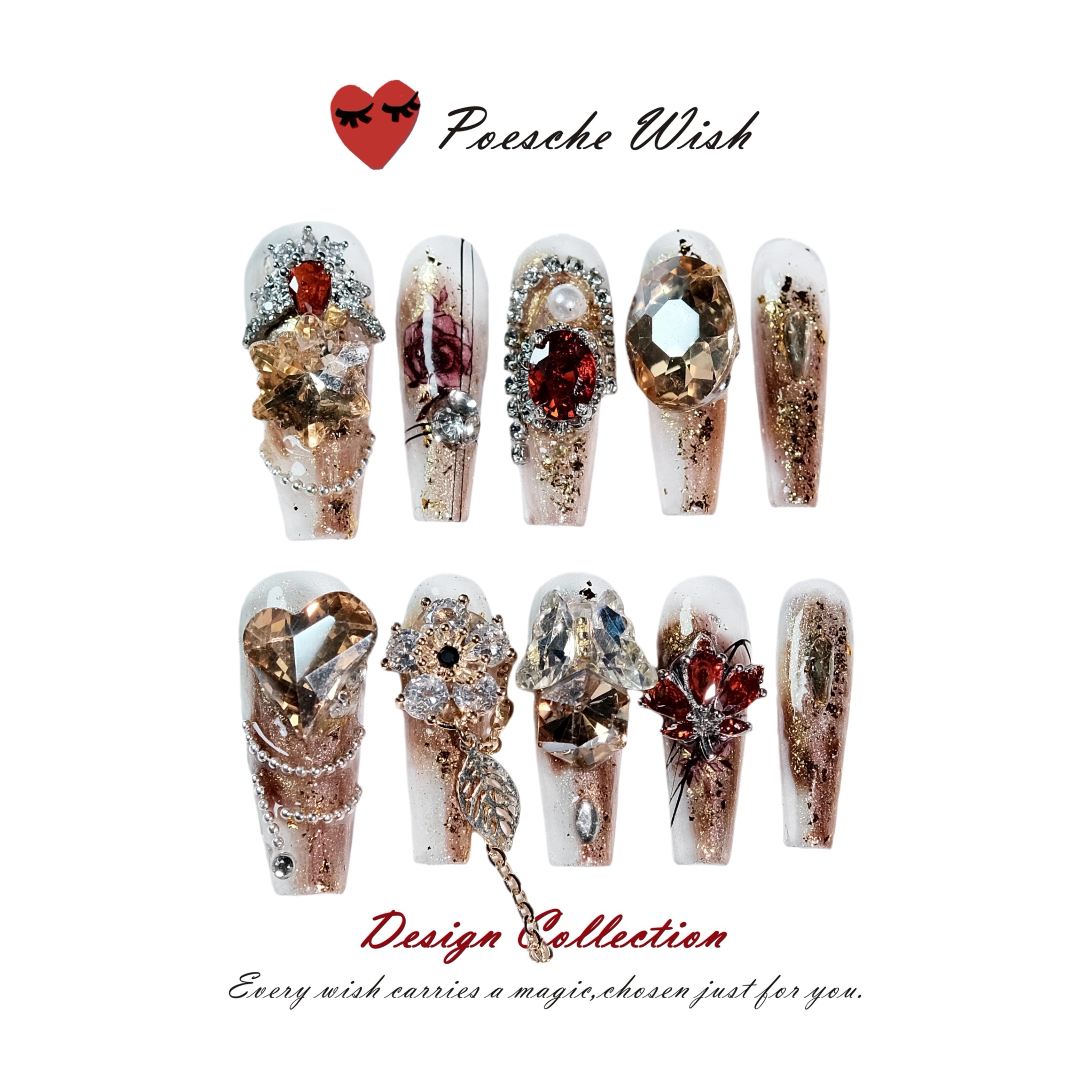 Crimson Aura Palace: Enamel Heart & Jewel Nails