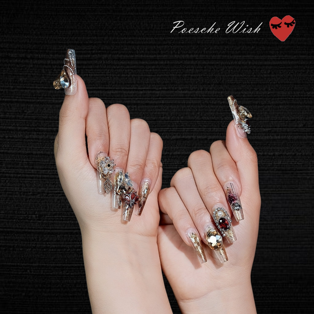 Crimson Aura Palace: Enamel Heart & Jewel Nails