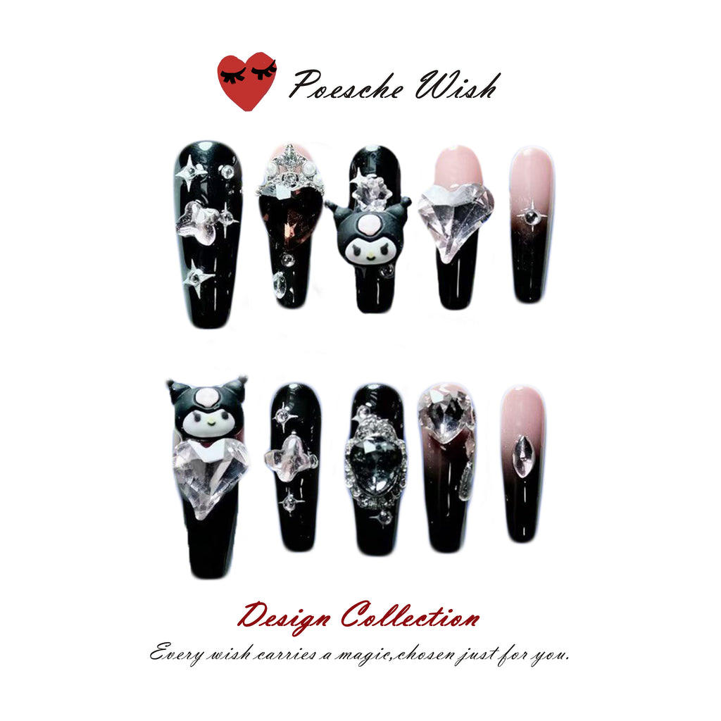 Dark Goth: Kuromi & Heart Crystal Nails