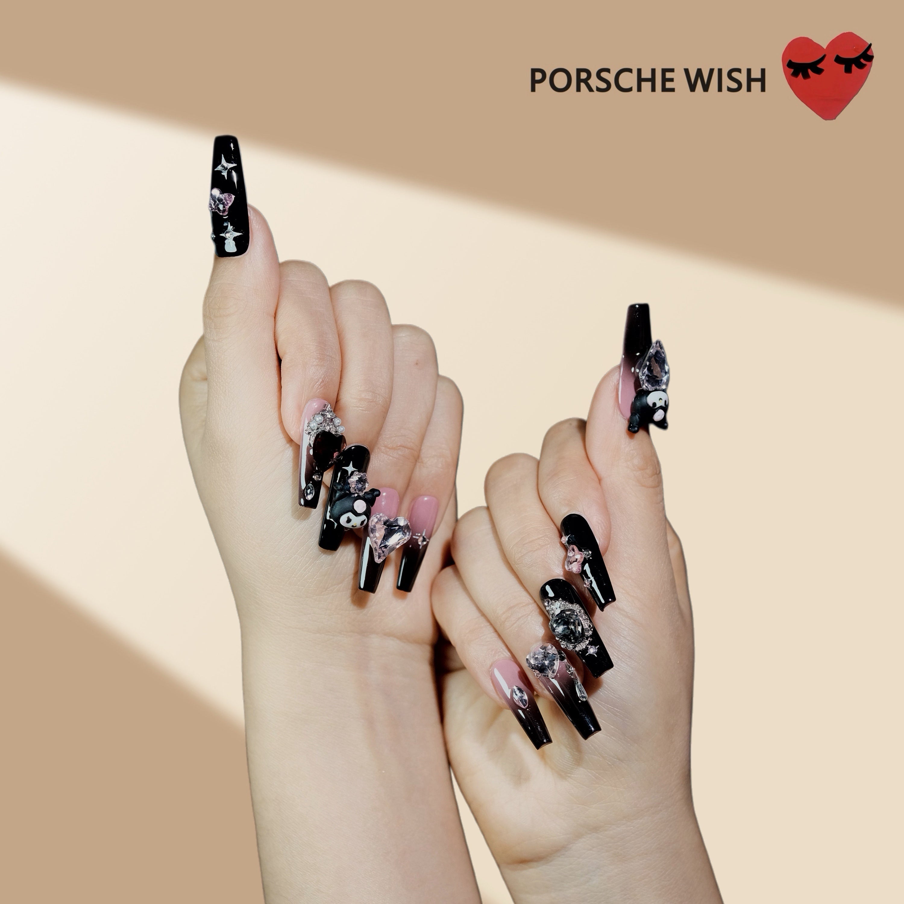Dark Goth: Kuromi & Heart Crystal Nails