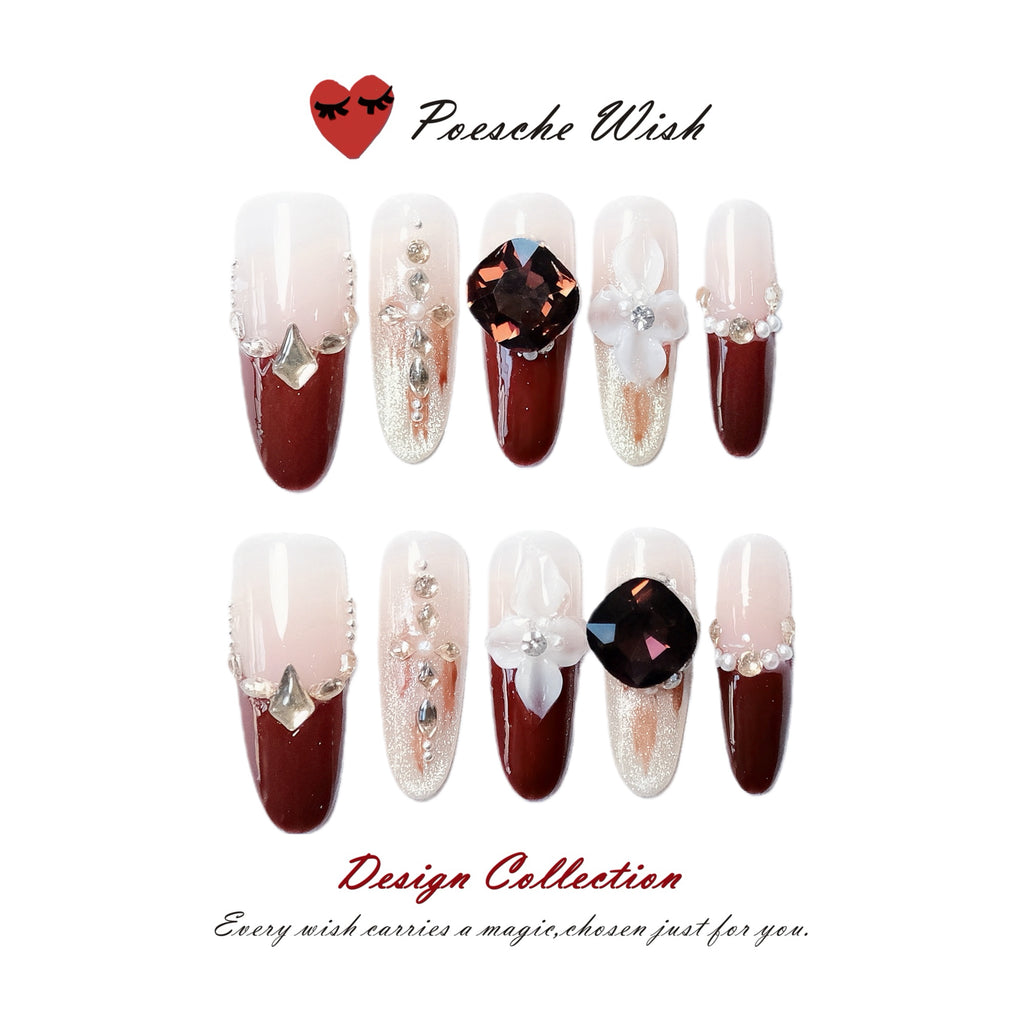Garnet Bloom: Burgundy Cat-Eye & Floral Crystal Nails