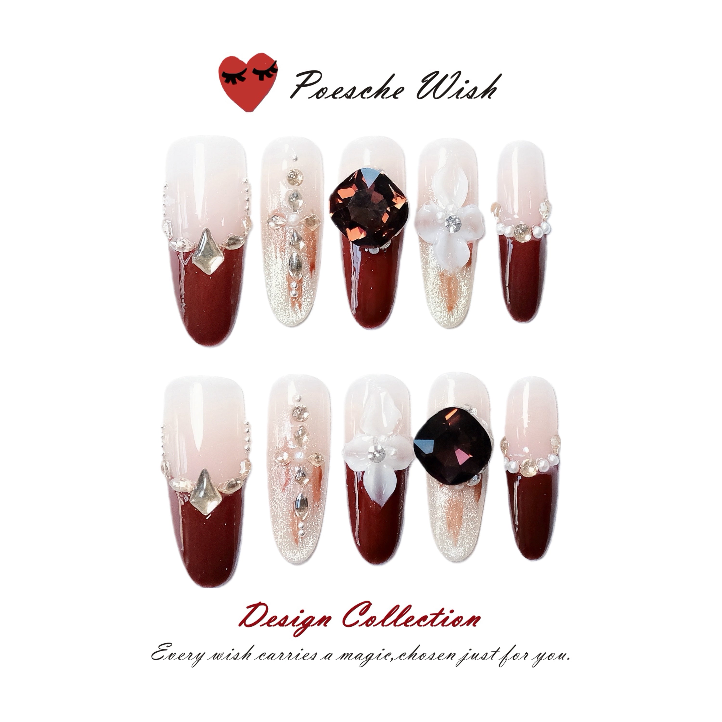 Garnet Bloom: Burgundy Cat-Eye & Floral Crystal Nails