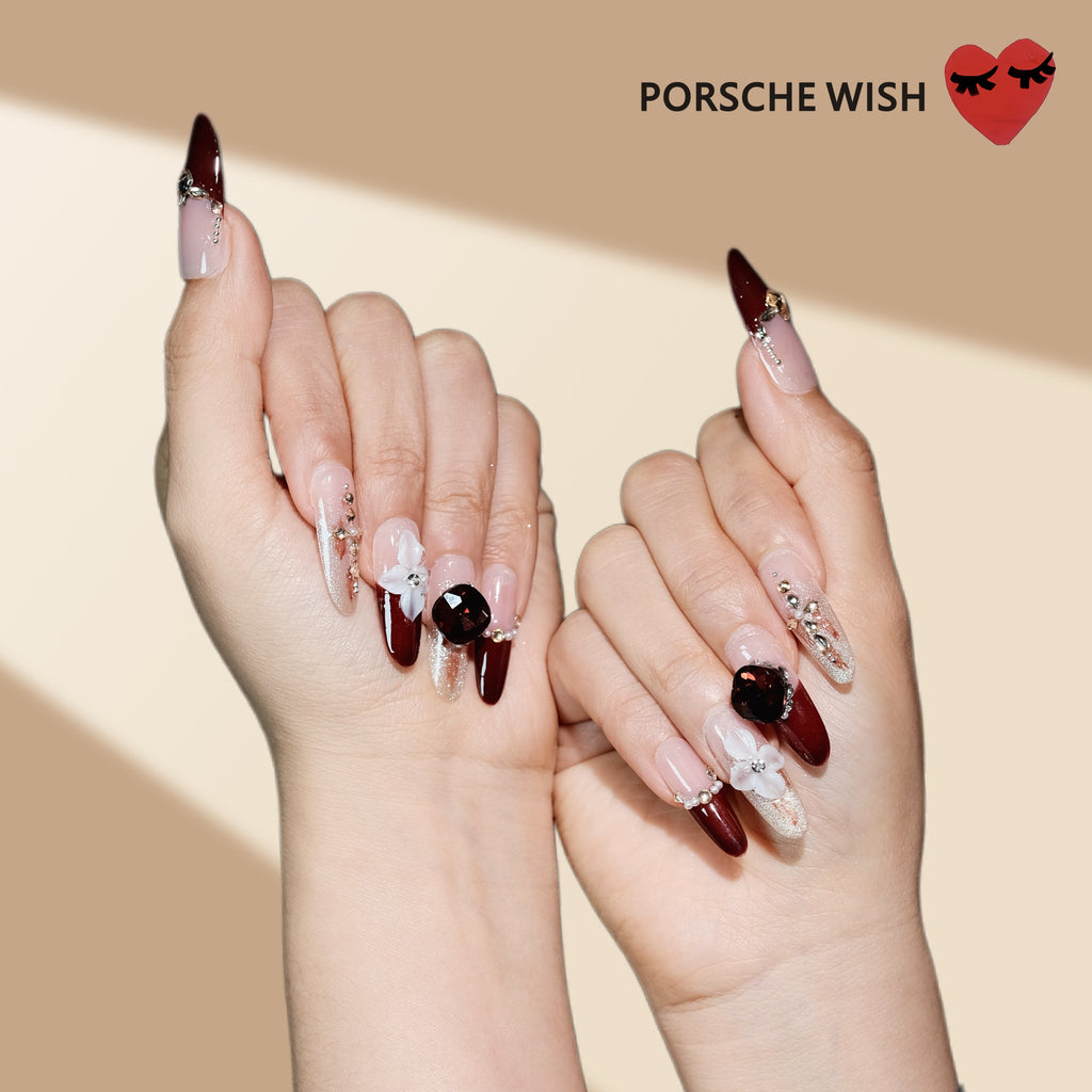 Garnet Bloom: Burgundy Cat-Eye & Floral Crystal Nails