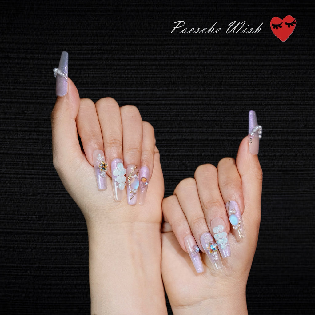Ocean Galaxy Pearls: Iridescent Mermaid Long Press-On Nails