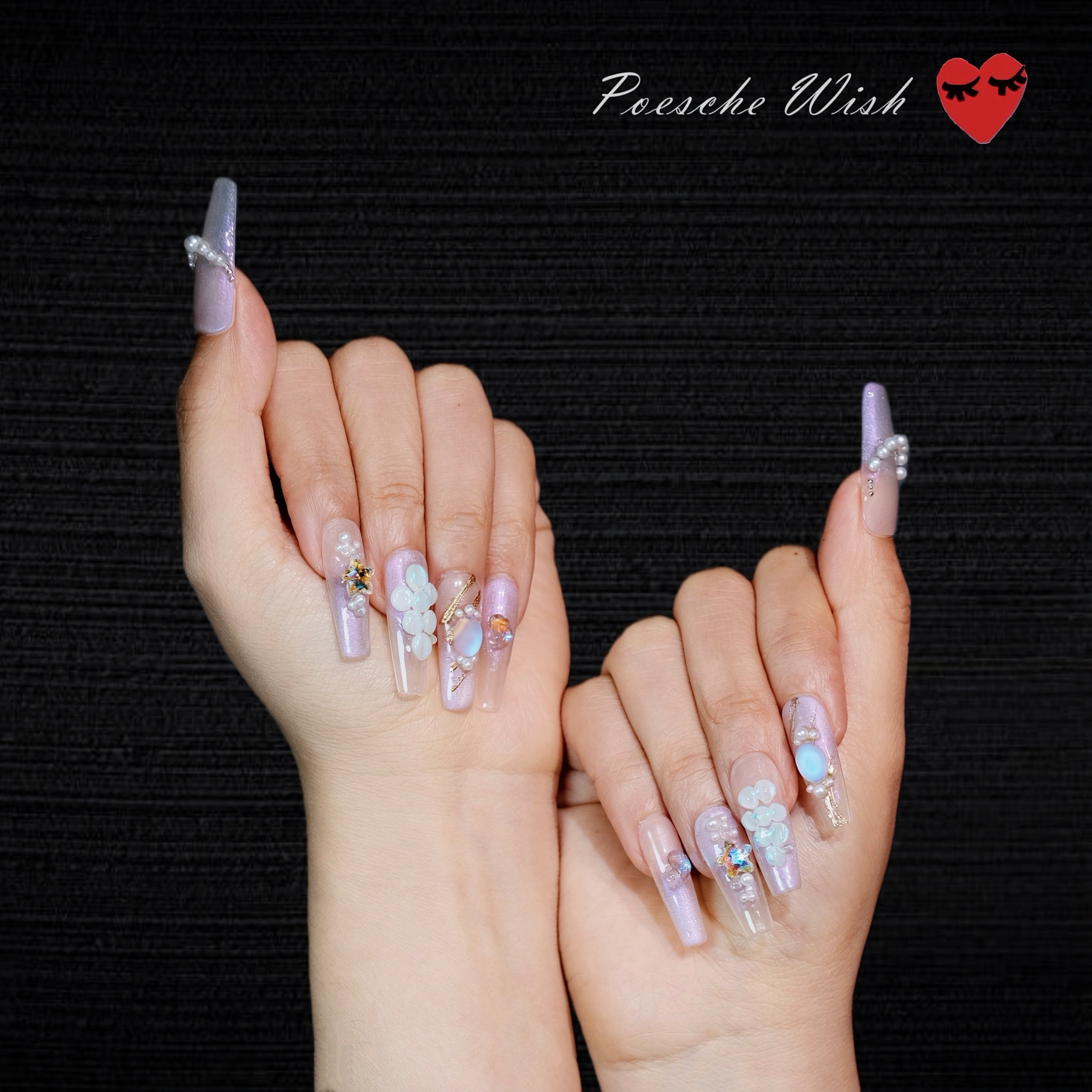 Ocean Galaxy Pearls: Iridescent Mermaid Long Press-On Nails