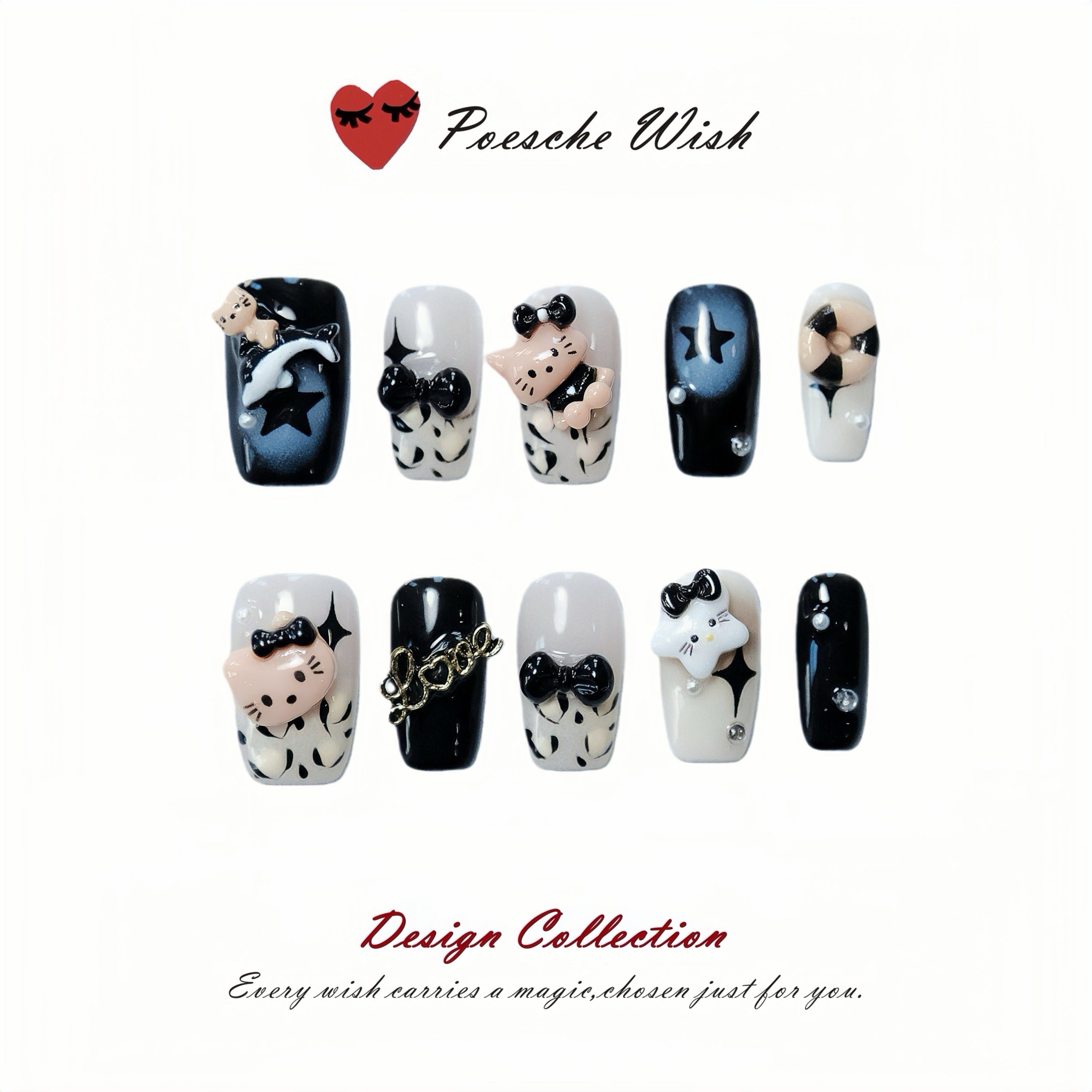 Monochrome Dream: Kitty & Stellar Ribbon Nails