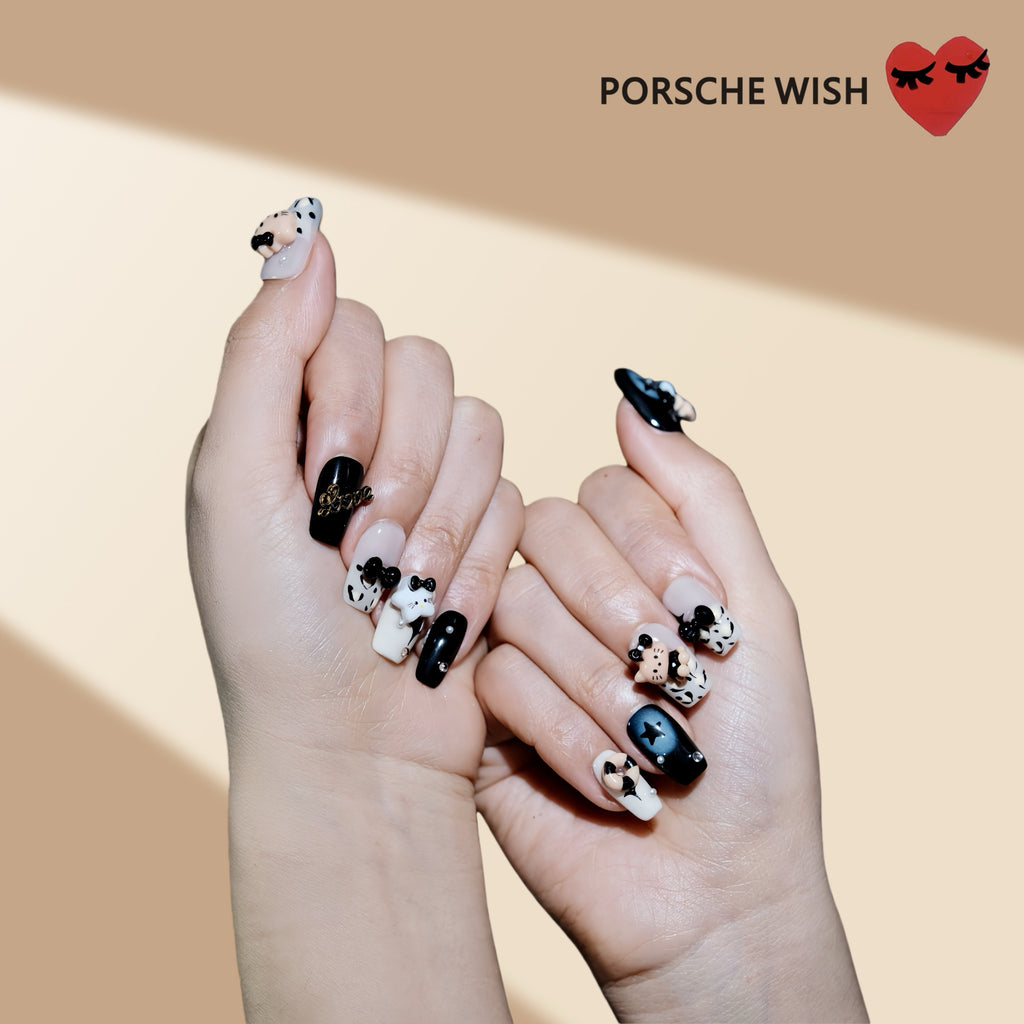 Monochrome Dream: Kitty & Stellar Ribbon Nails