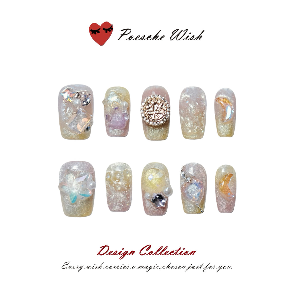 Celestial Dream: Aurora Moon & Golden Medallion Nails