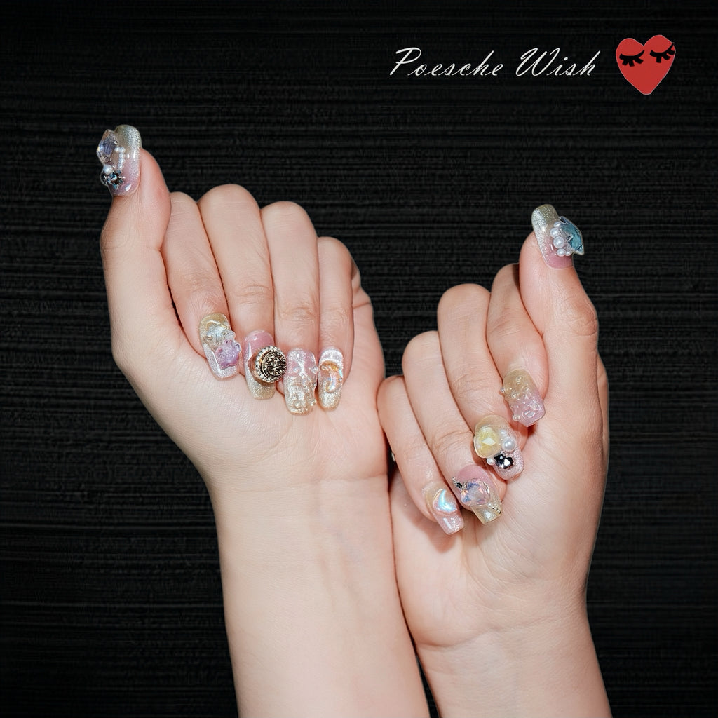Celestial Dream: Aurora Moon & Golden Medallion Nails
